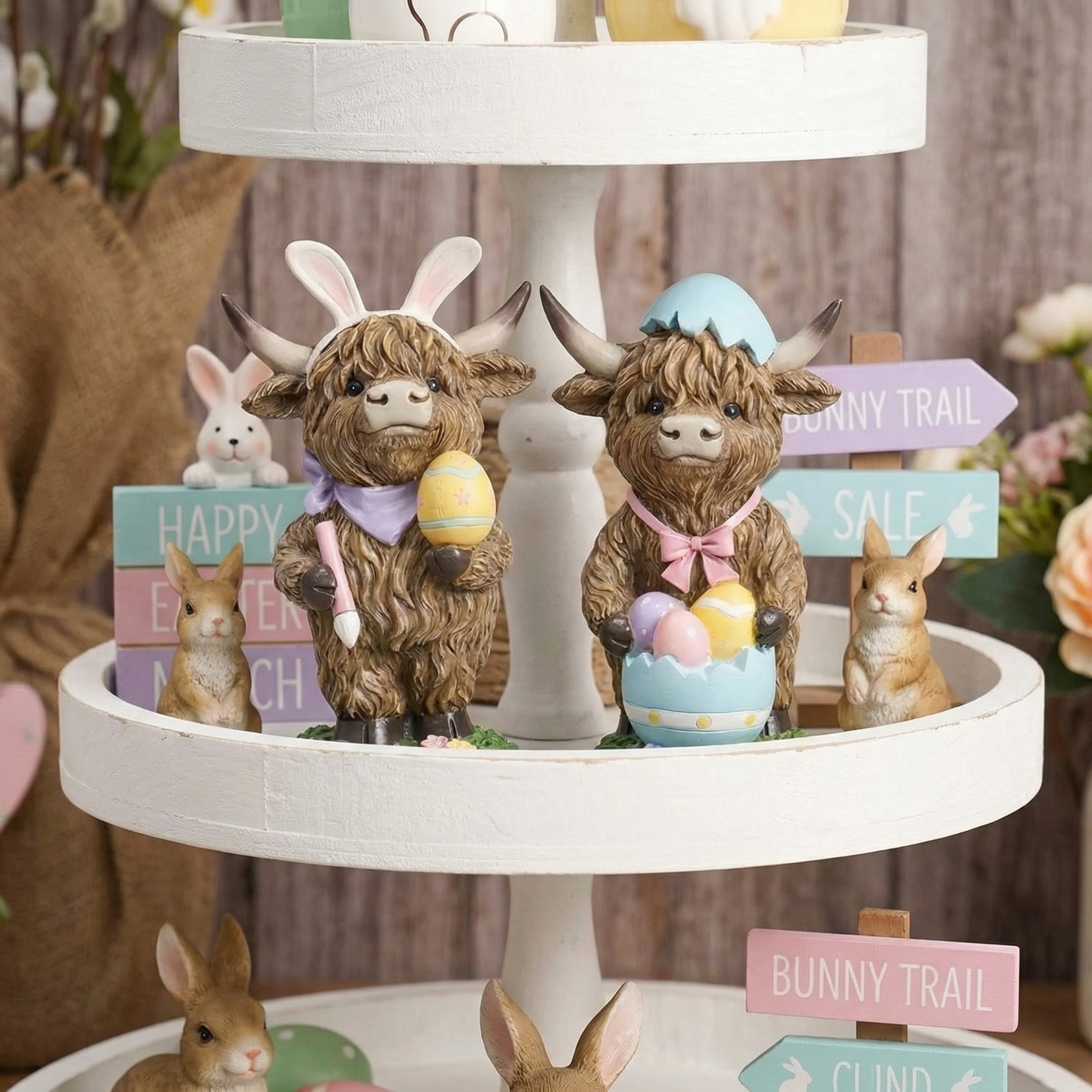 Easter Highland Cow Set with Bunny Ears on Base