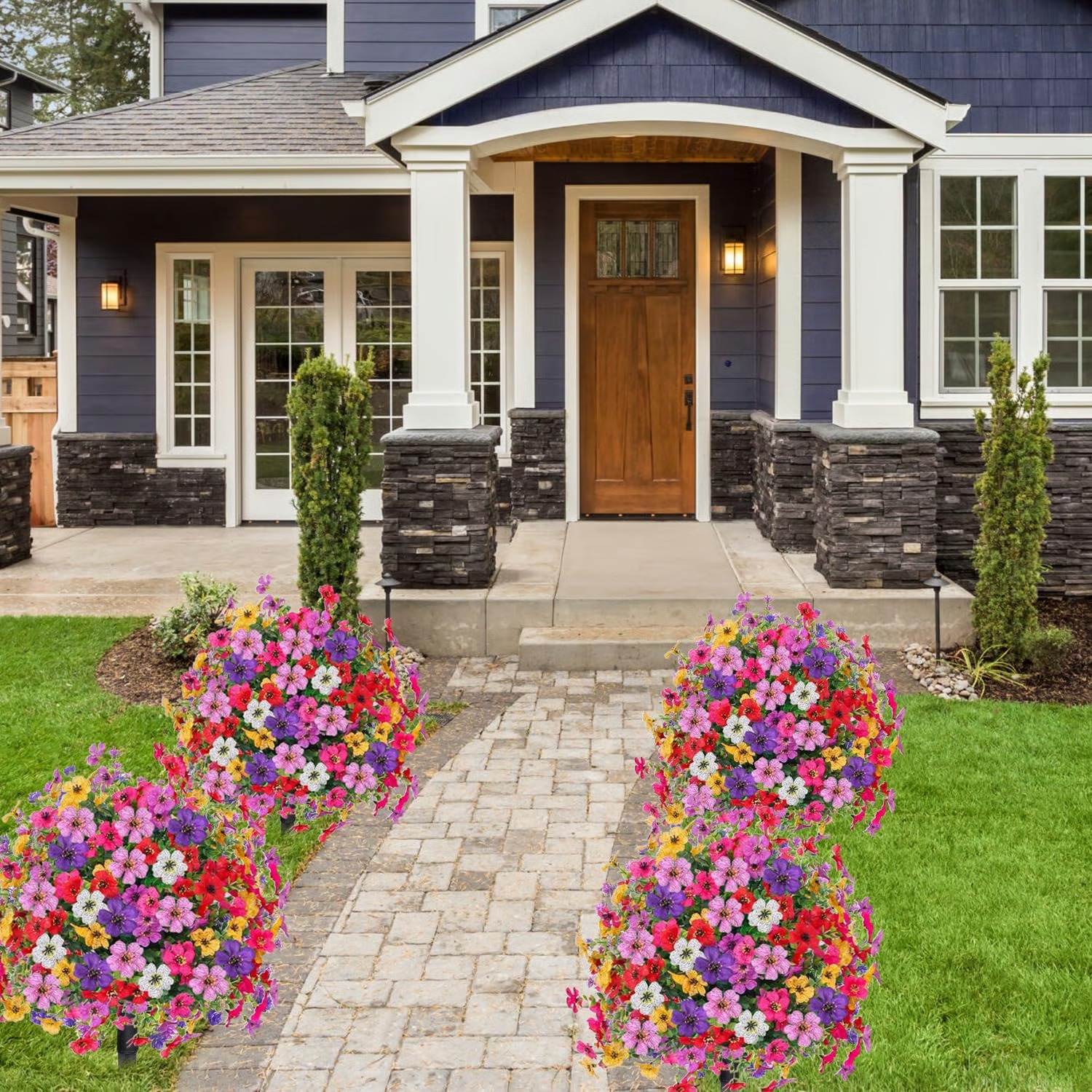 Artificial Boxwood Topiary Ball with Violet Flowers & Ground Spikes