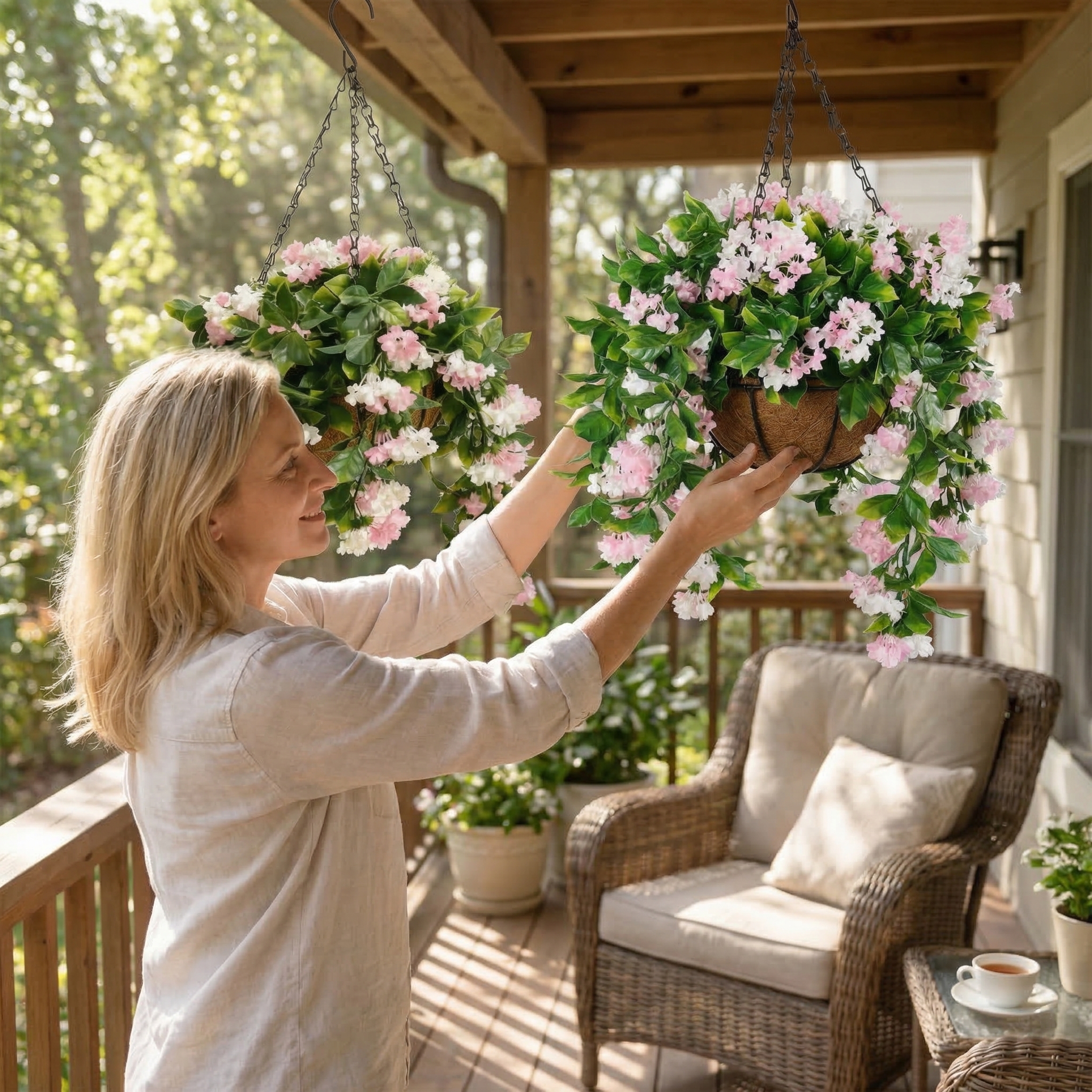 Set of 2 Faux Crepe Myrtle Hanging Baskets – UV Resistant Artificial Flower Planters with Coconut Liner & Metal Chain