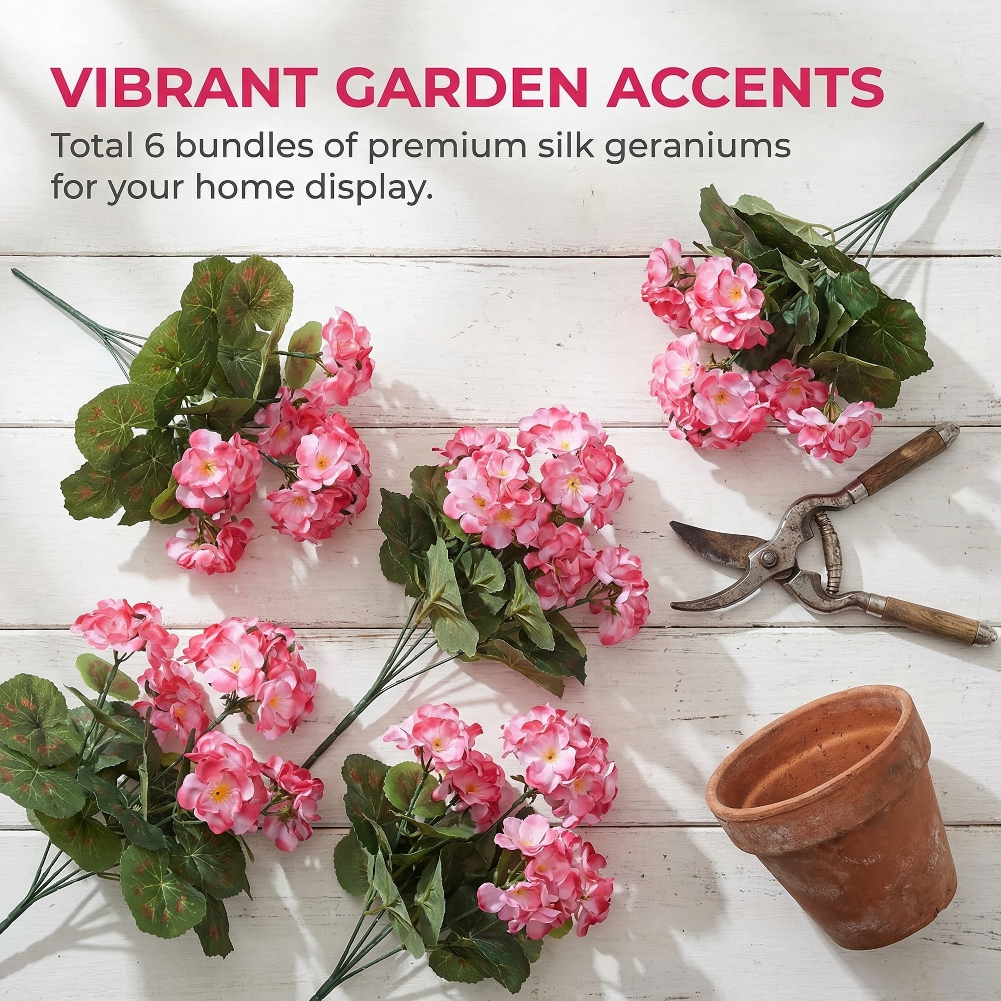 6 Bundles Artificial Pink Geranium Flowers – UV Resistant Faux Outdoor Plants for Porch, Patio Planters & Garden Decor