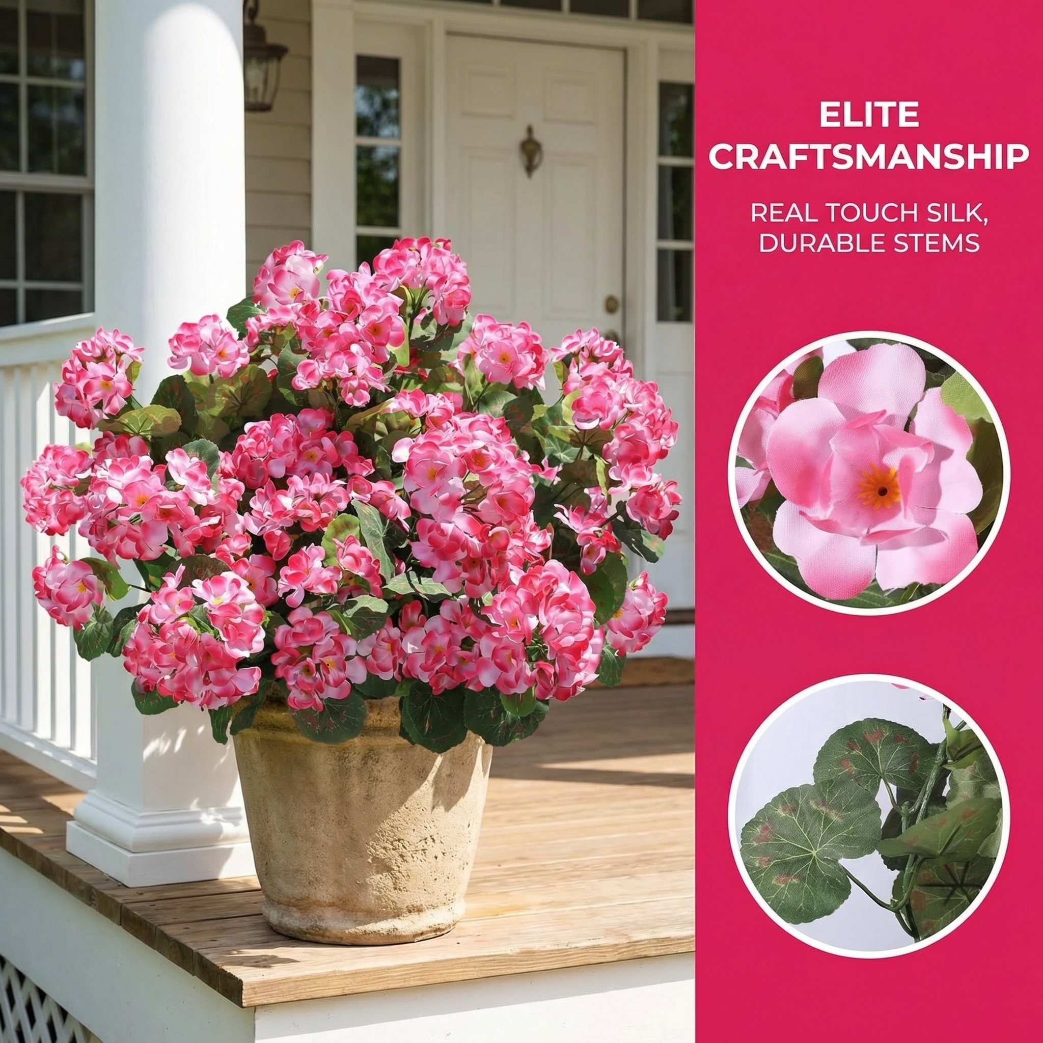 6 Bundles Artificial Pink Geranium Flowers – UV Resistant Faux Outdoor Plants for Porch, Patio Planters & Garden Decor