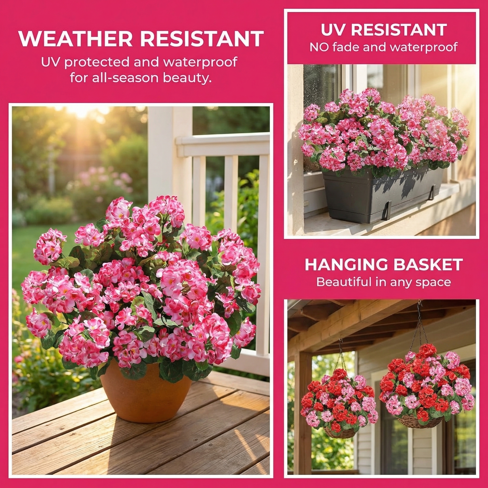 6 Bundles Artificial Pink Geranium Flowers – UV Resistant Faux Outdoor Plants for Porch, Patio Planters & Garden Decor