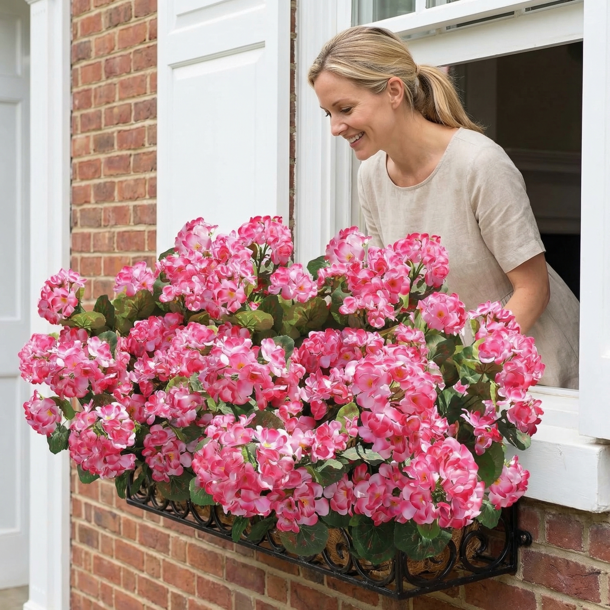 6 Bundles Artificial Pink Geranium Flowers – UV Resistant Faux Outdoor Plants for Porch, Patio Planters & Garden Decor