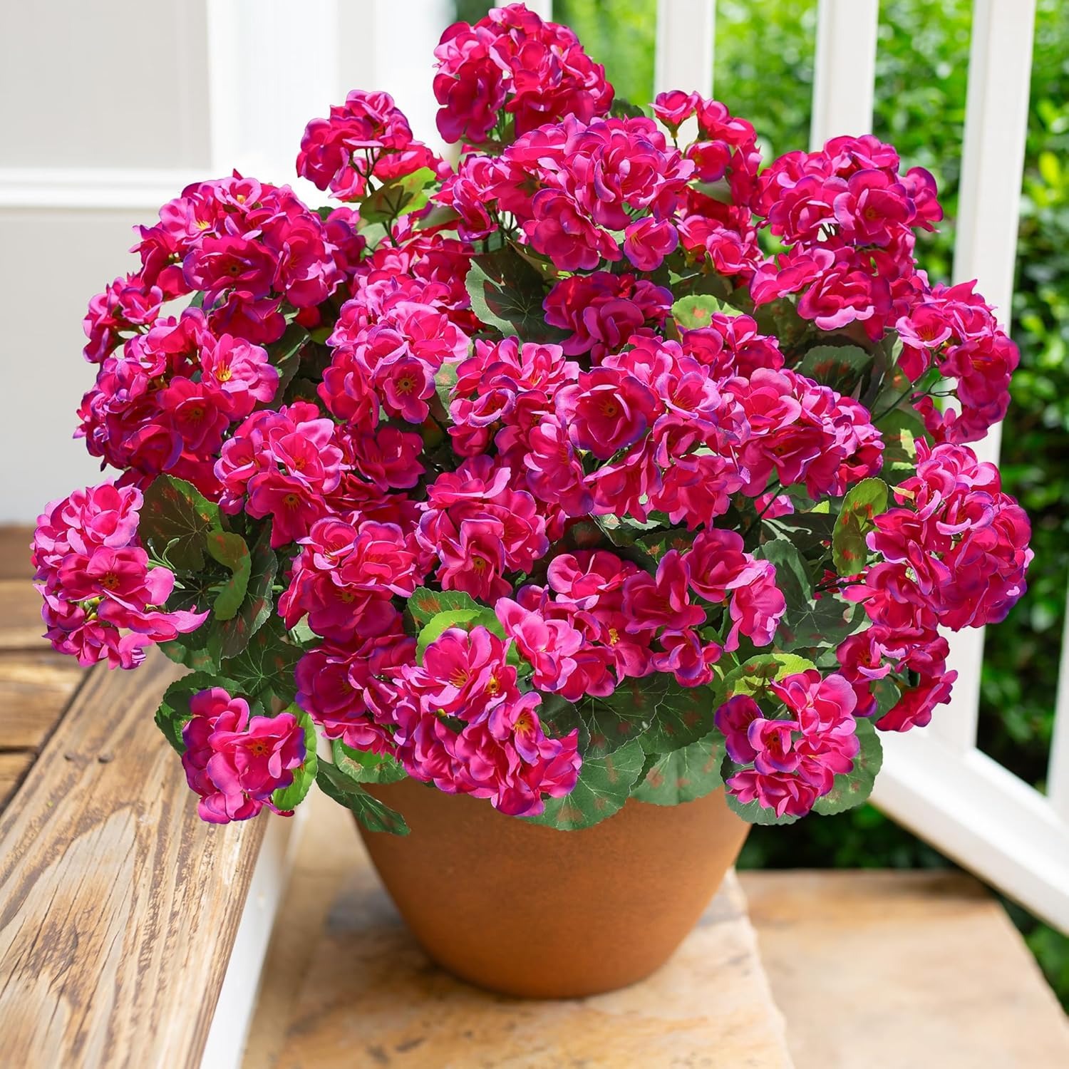 6 Bundles Artificial Pink Geranium Flowers – UV Resistant Faux Outdoor Plants for Porch, Patio Planters & Garden Decor