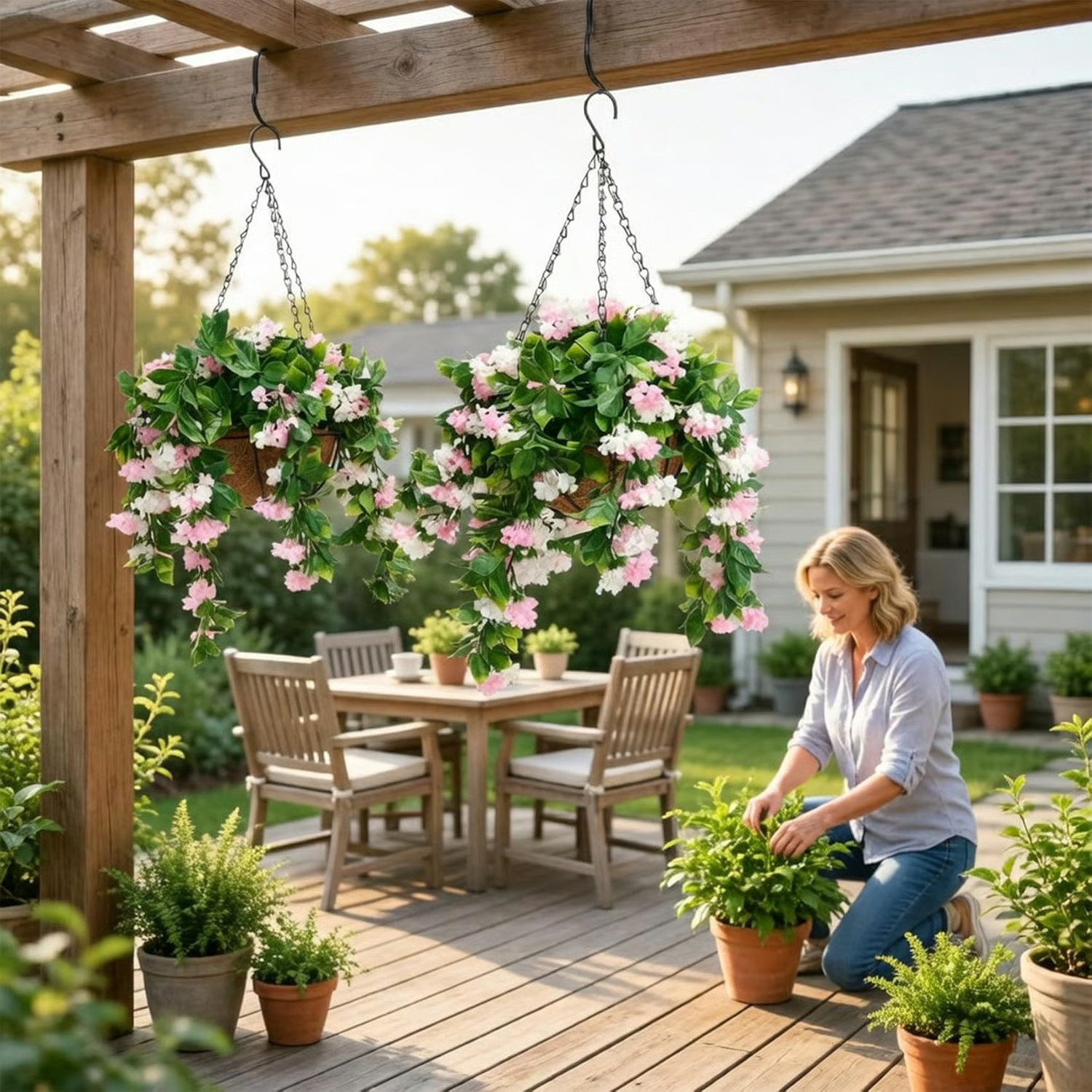 Set of 2 Faux Crepe Myrtle Hanging Baskets – UV Resistant Artificial Flower Planters with Coconut Liner & Metal Chain
