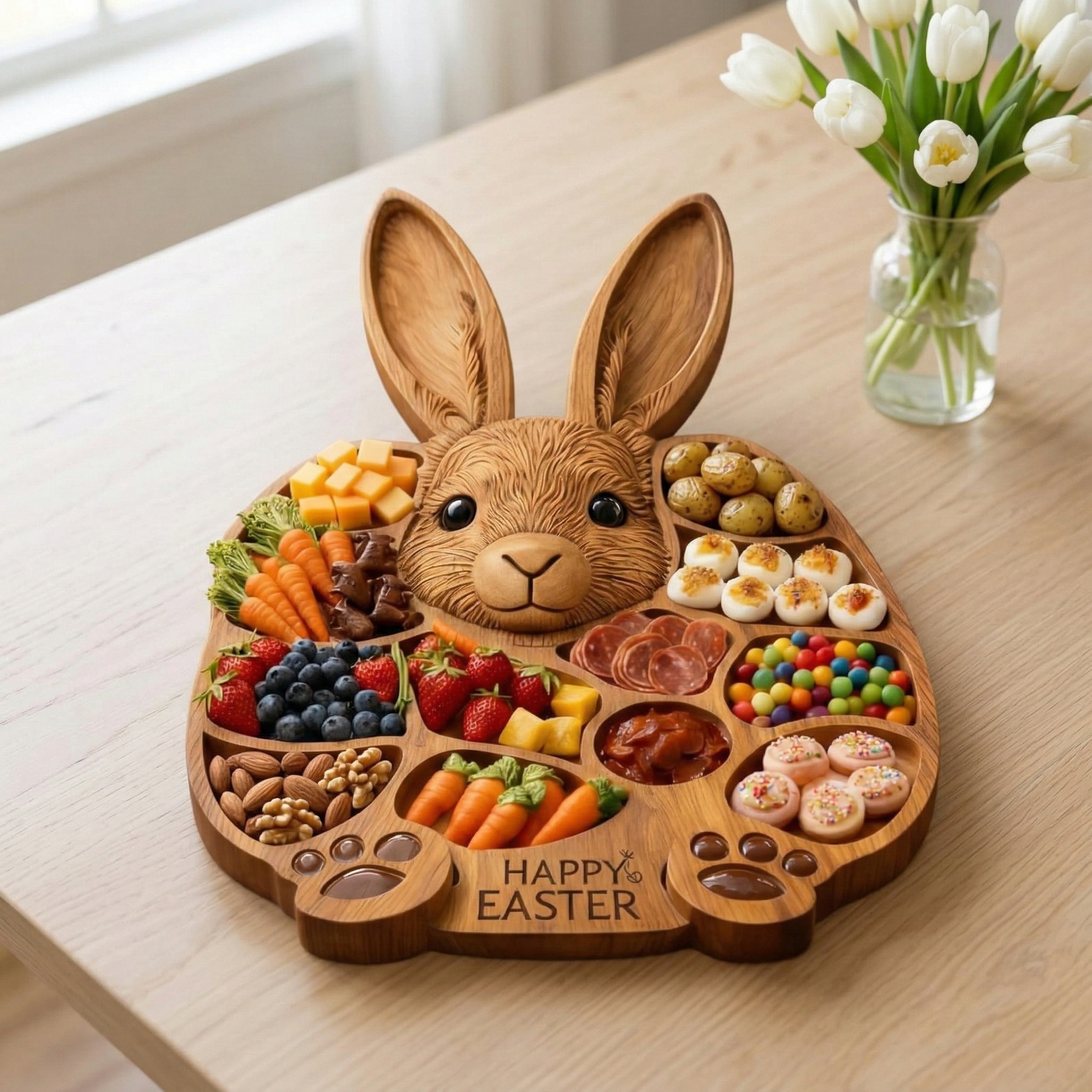 Easter Bunny Wooden Charcuterie Board, Handmade Rabbit Serving Tray for Spring Celebrations,