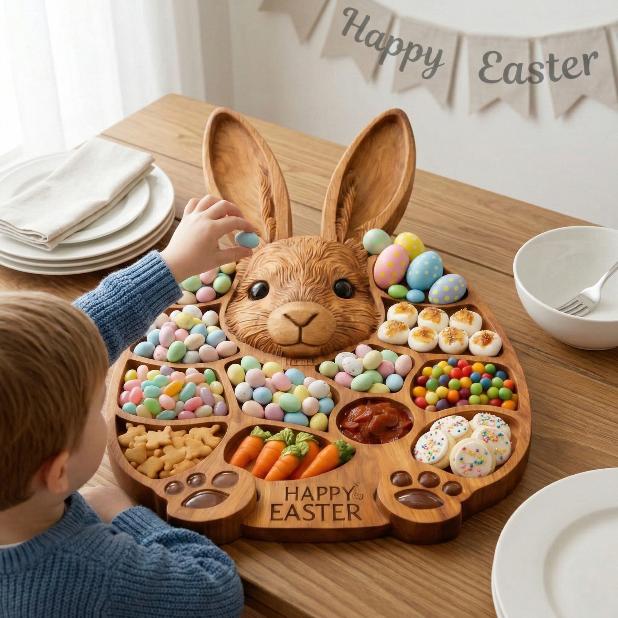 Easter Bunny Wooden Charcuterie Board, Handmade Rabbit Serving Tray for Spring Celebrations,