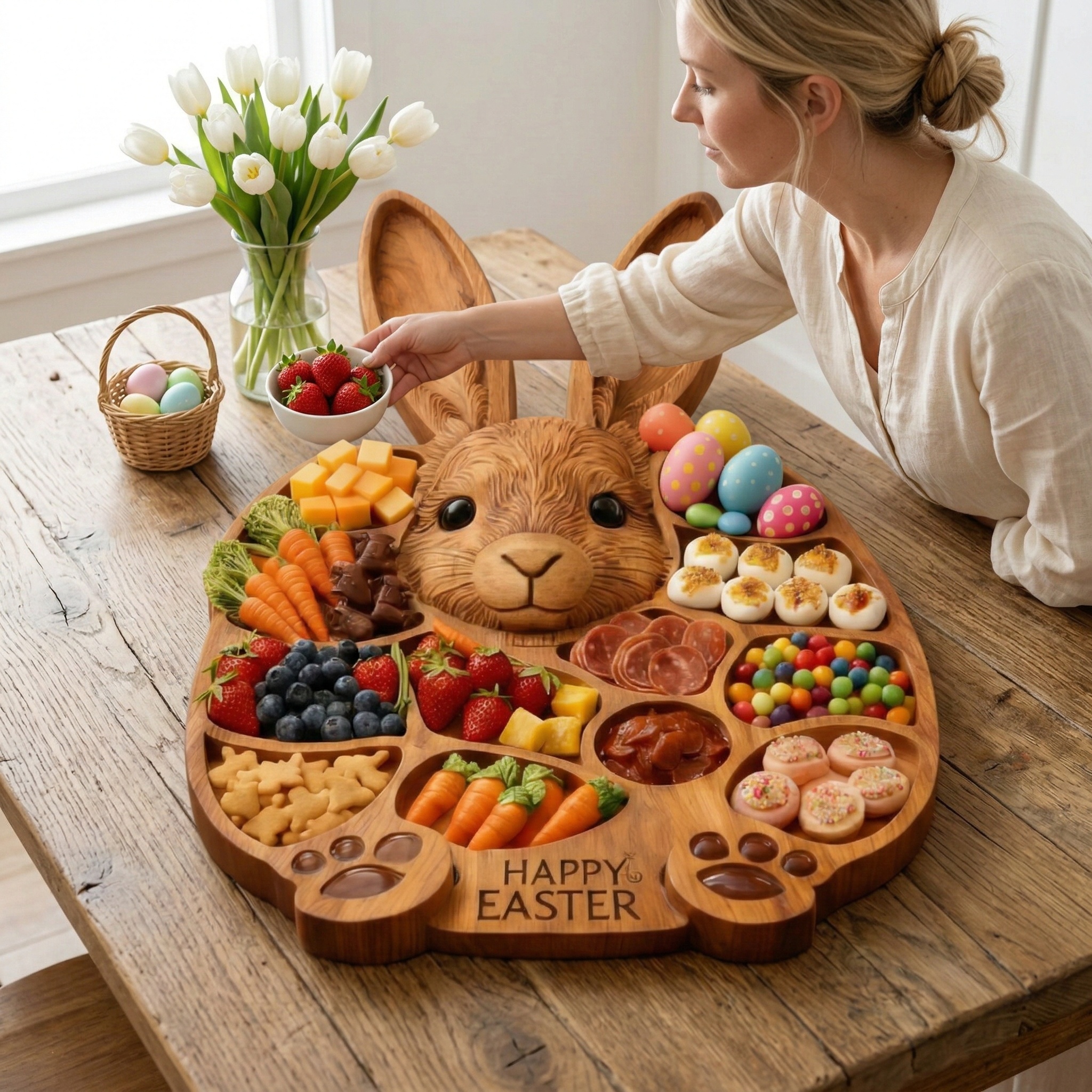 Easter Bunny Wooden Charcuterie Board, Handmade Rabbit Serving Tray for Spring Celebrations,