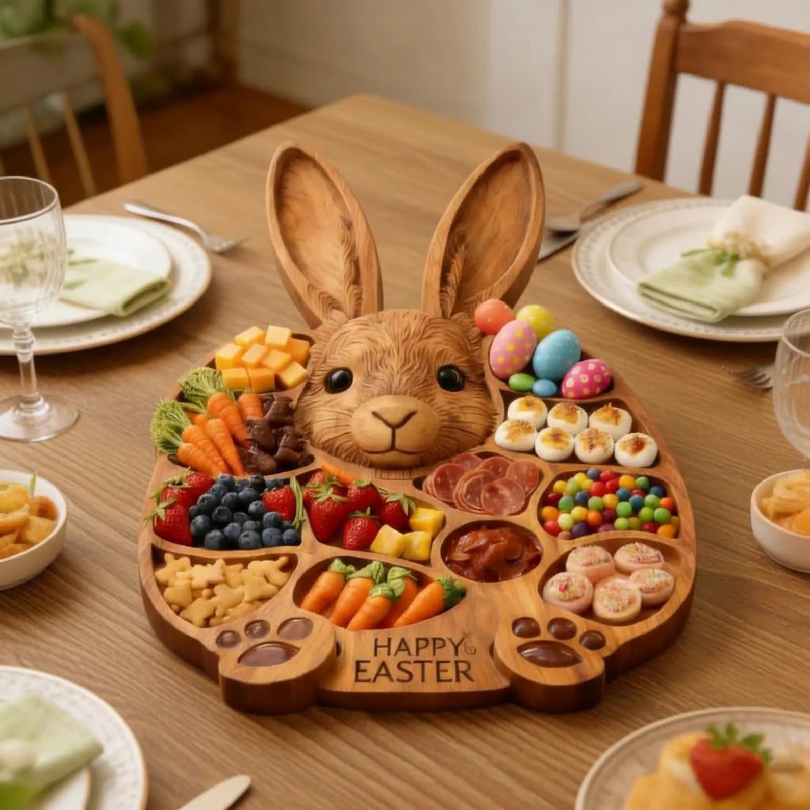 Easter Bunny Wooden Charcuterie Board, Handmade Rabbit Serving Tray for Spring Celebrations,