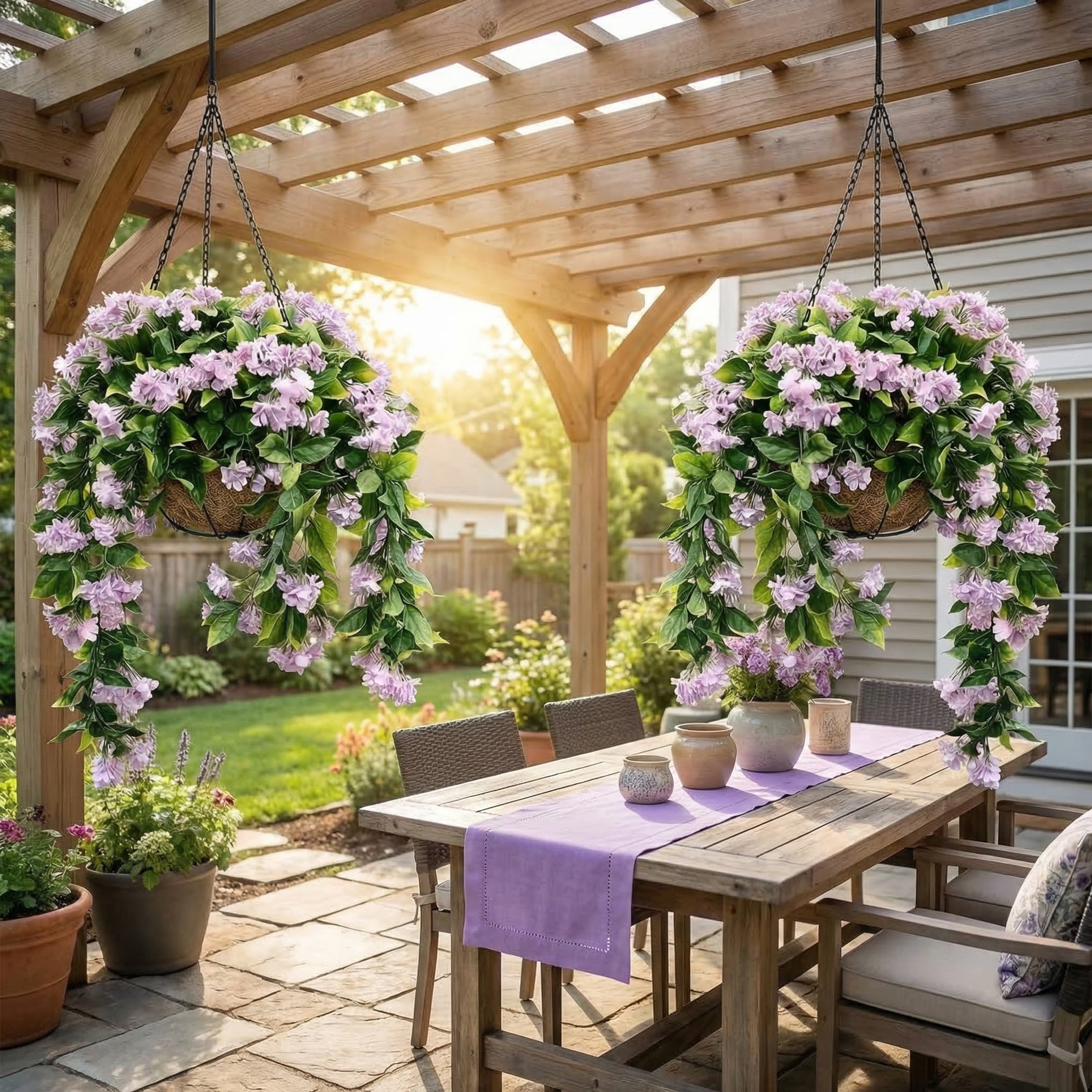 Set of 2 Faux Crepe Myrtle Hanging Baskets – UV Resistant Artificial Flower Planters with Coconut Liner & Metal Chain