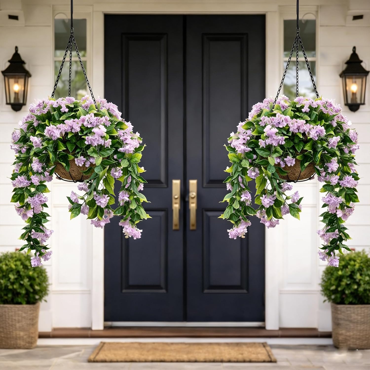 Set of 2 Faux Crepe Myrtle Hanging Baskets – UV Resistant Artificial Flower Planters with Coconut Liner & Metal Chain
