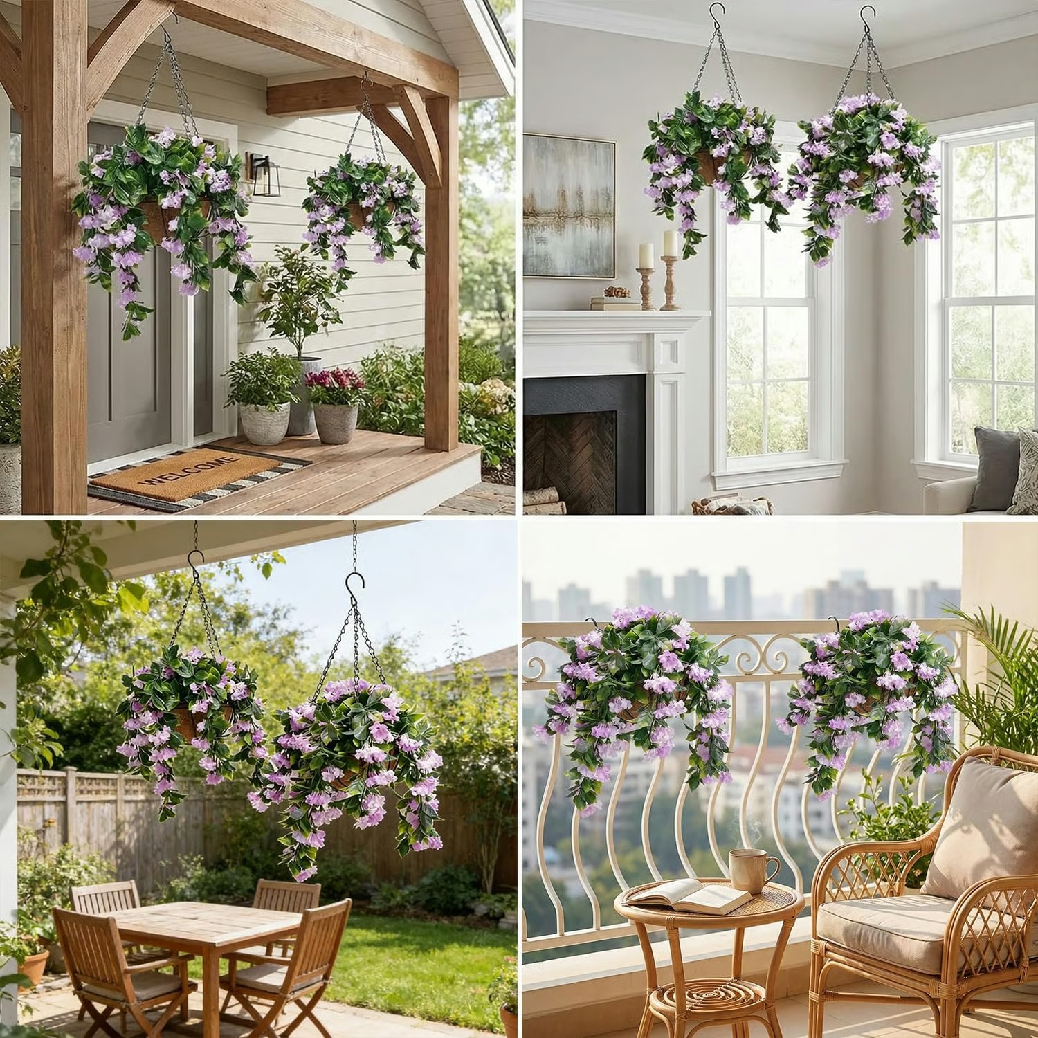 Set of 2 Faux Crepe Myrtle Hanging Baskets – UV Resistant Artificial Flower Planters with Coconut Liner & Metal Chain