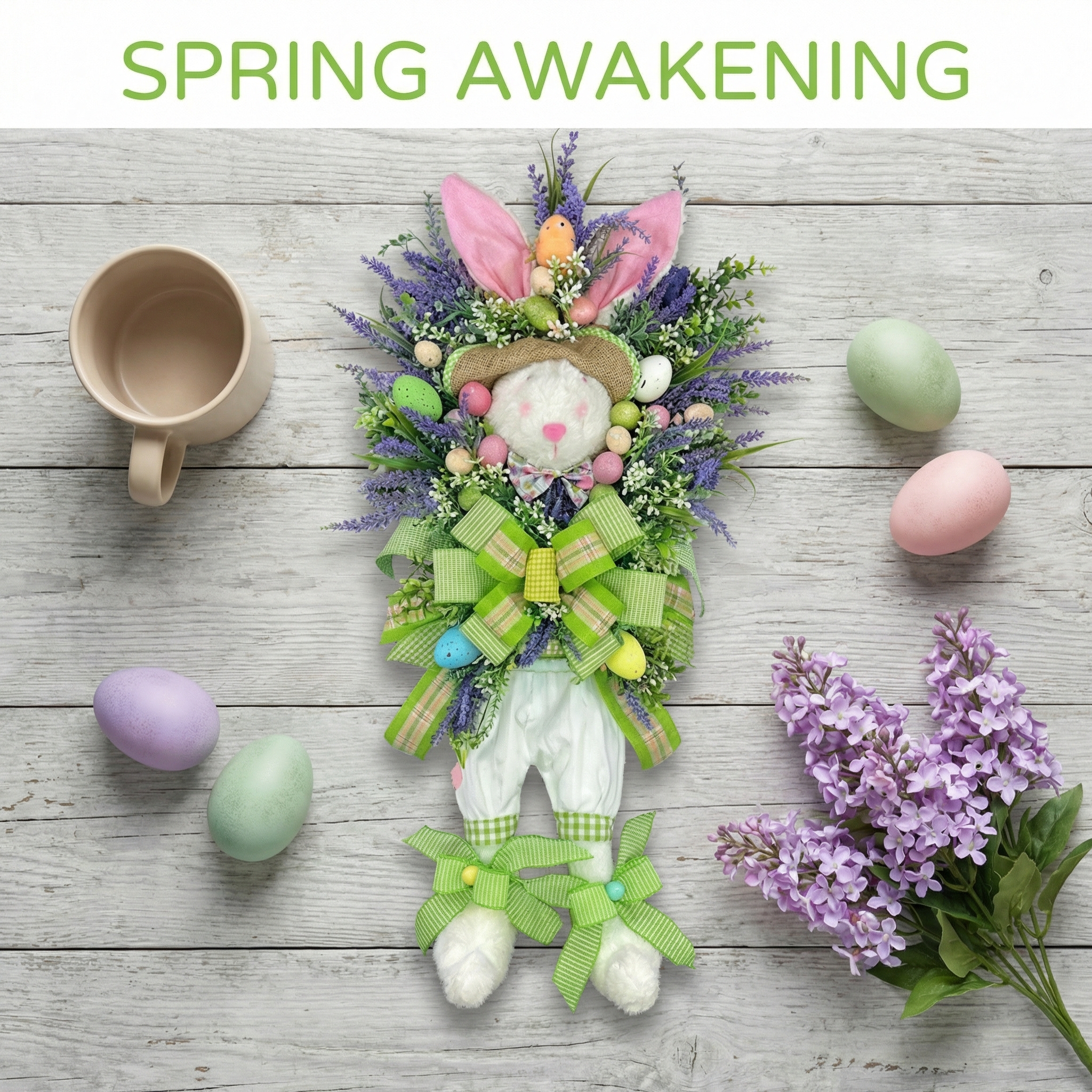 Spring Easter Bunny Wreath with Lavender and Colorful Eggs, Plush Rabbit Hanging Decoration for Door, Wall, or Entryway