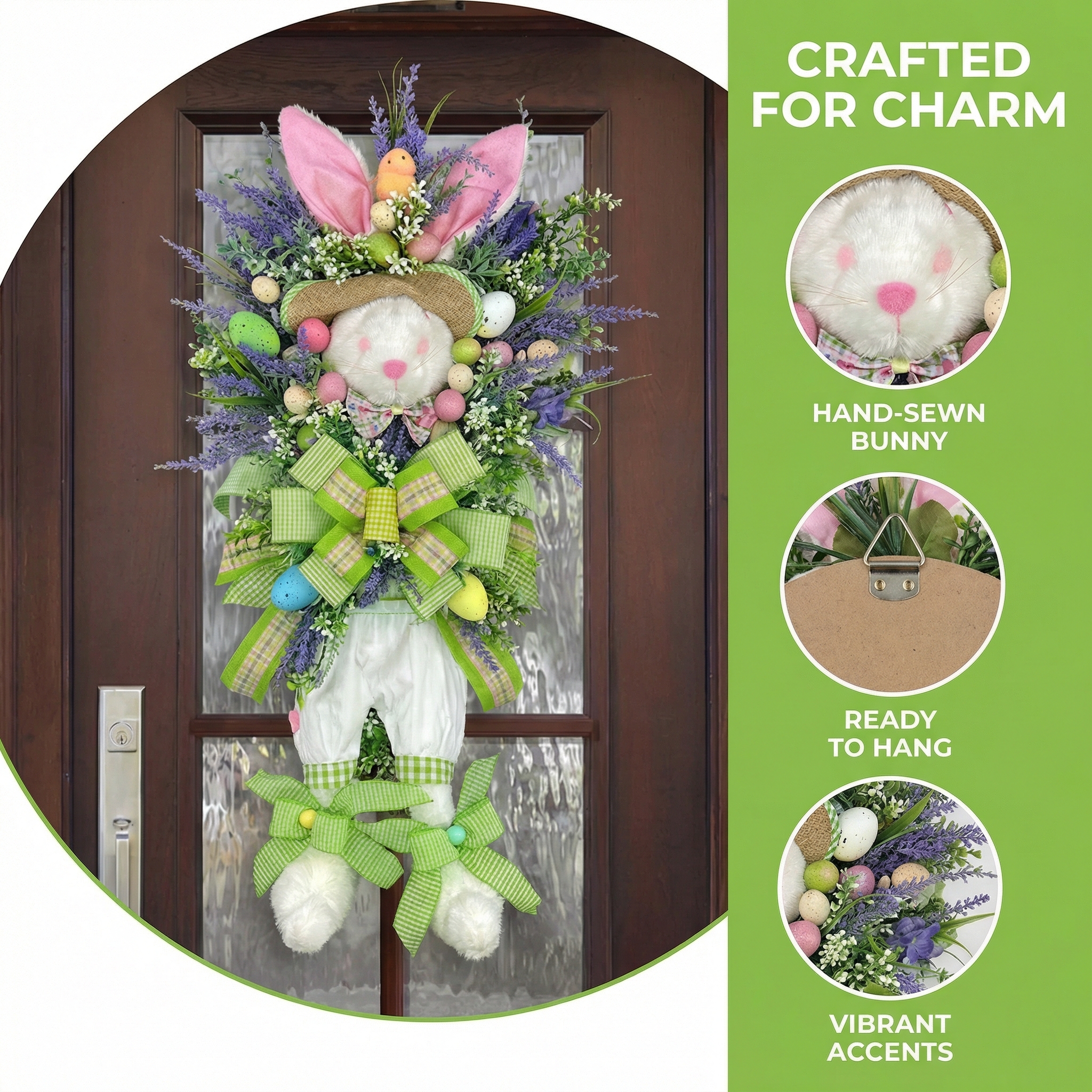 Spring Easter Bunny Wreath with Lavender and Colorful Eggs, Plush Rabbit Hanging Decoration for Door, Wall, or Entryway