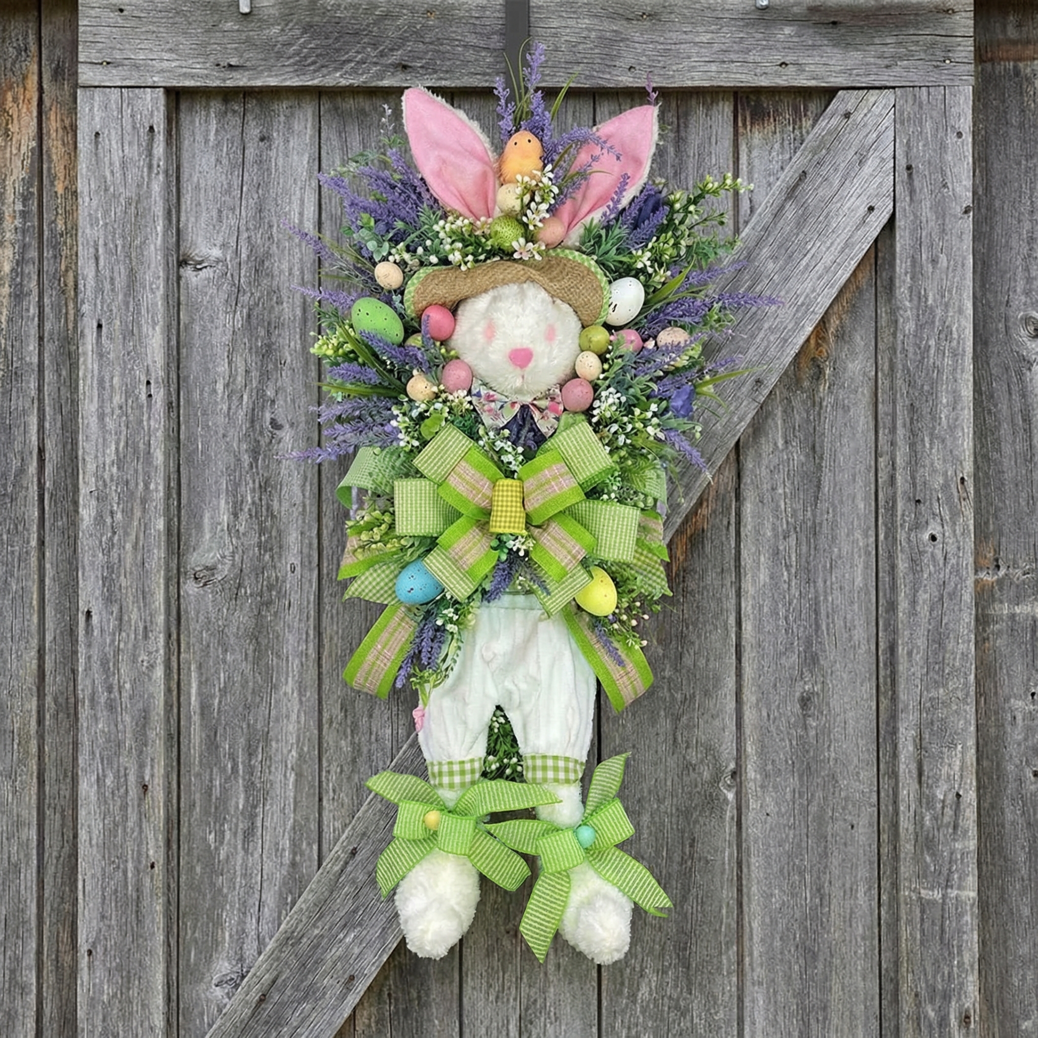 Spring Easter Bunny Wreath with Lavender and Colorful Eggs, Plush Rabbit Hanging Decoration for Door, Wall, or Entryway