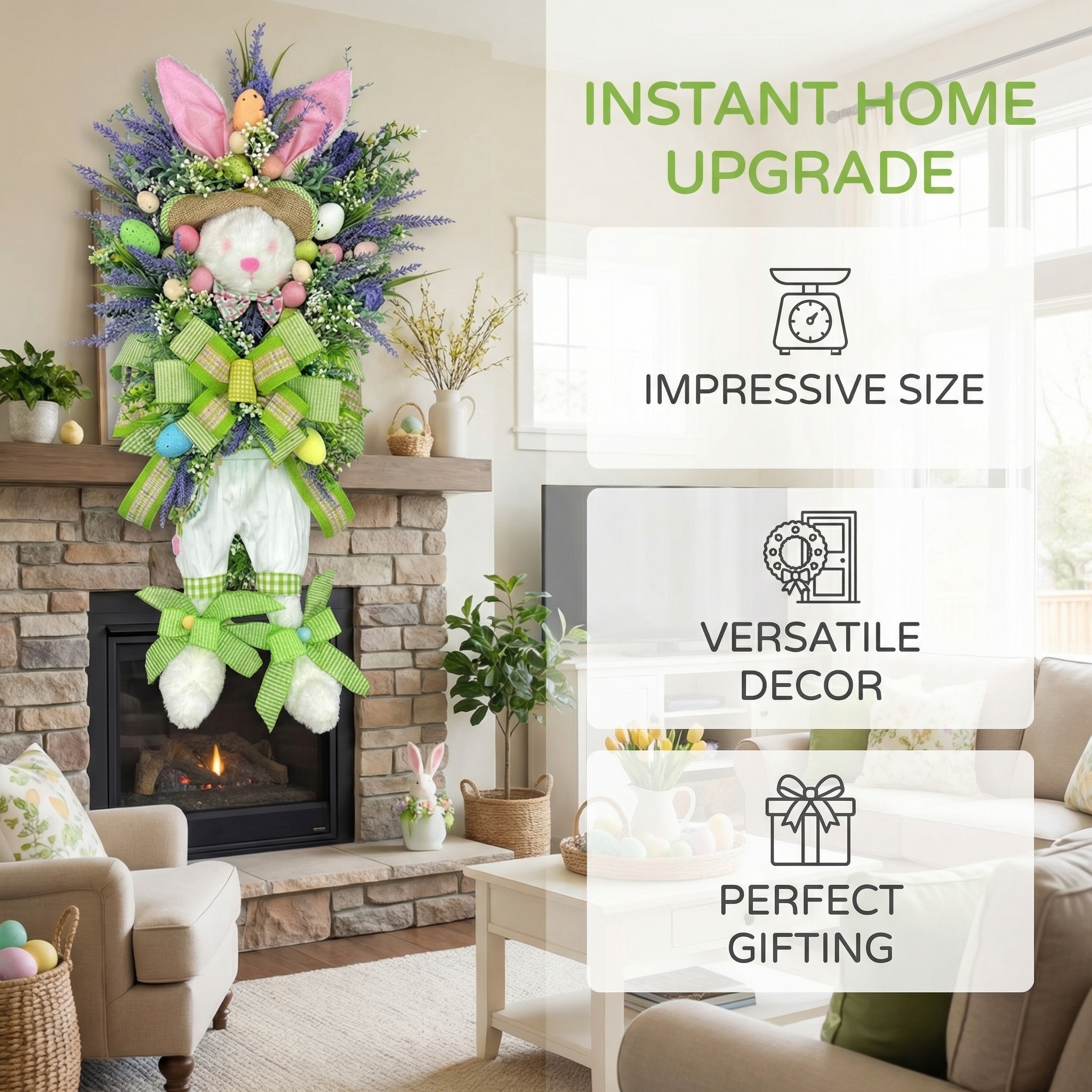 Spring Easter Bunny Wreath with Lavender and Colorful Eggs, Plush Rabbit Hanging Decoration for Door, Wall, or Entryway