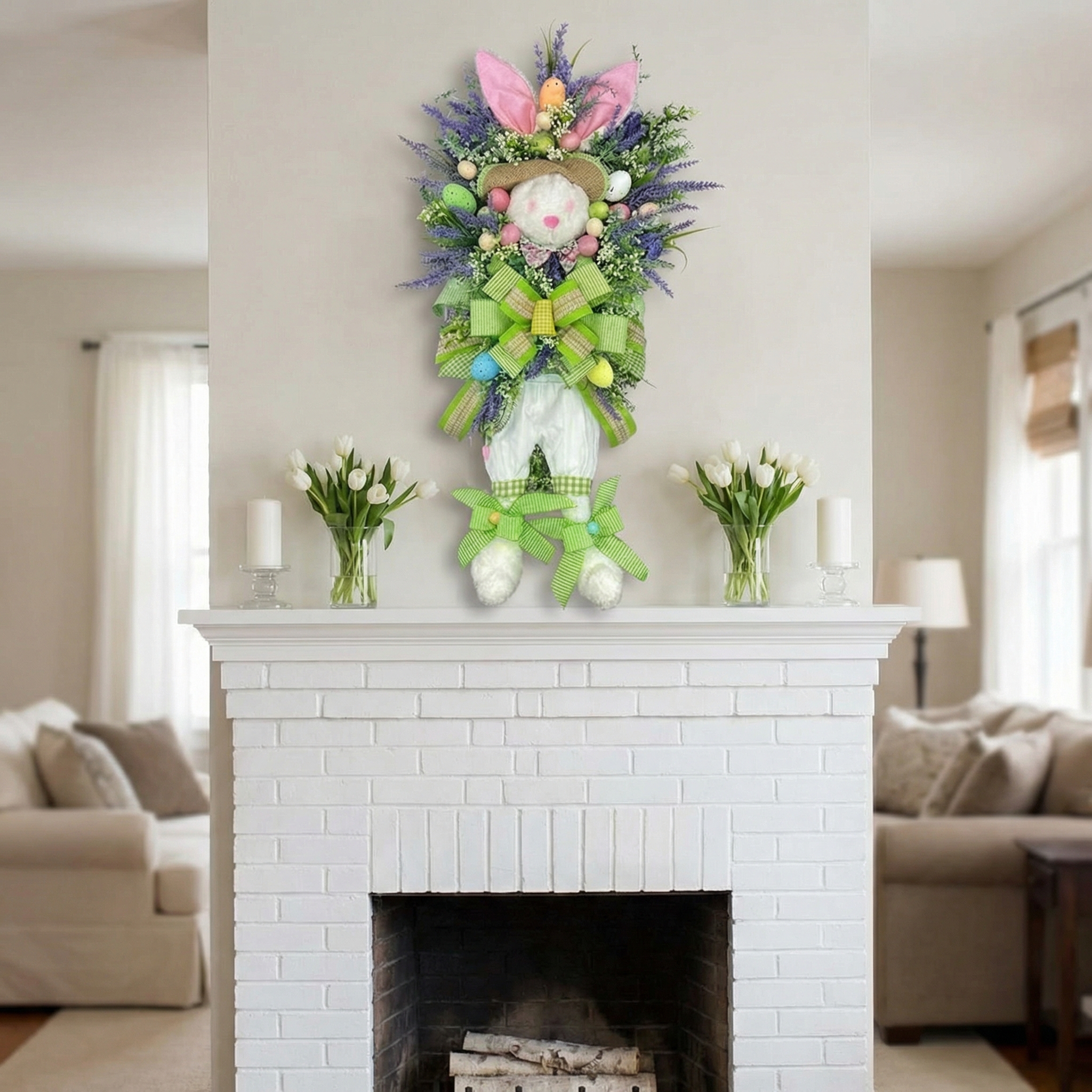 Spring Easter Bunny Wreath with Lavender and Colorful Eggs, Plush Rabbit Hanging Decoration for Door, Wall, or Entryway