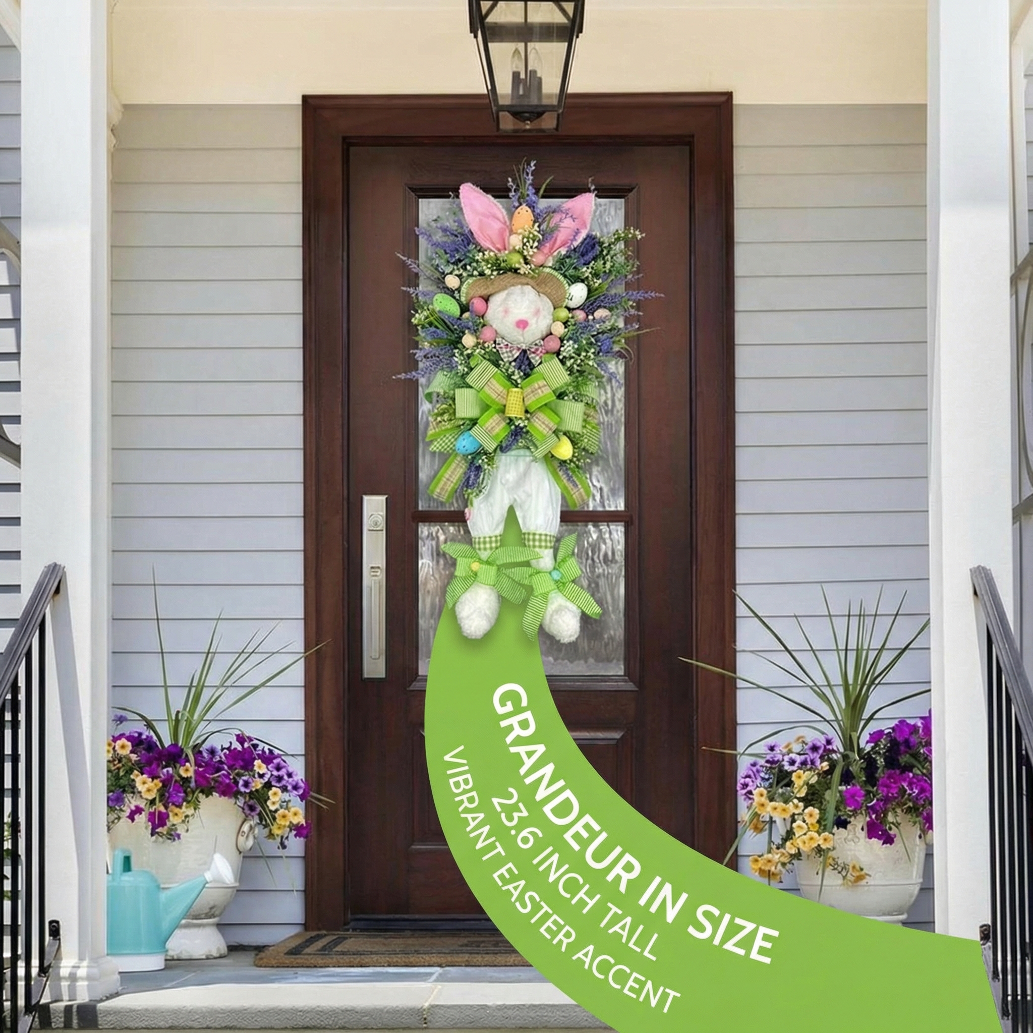 Spring Easter Bunny Wreath with Lavender and Colorful Eggs, Plush Rabbit Hanging Decoration for Door, Wall, or Entryway