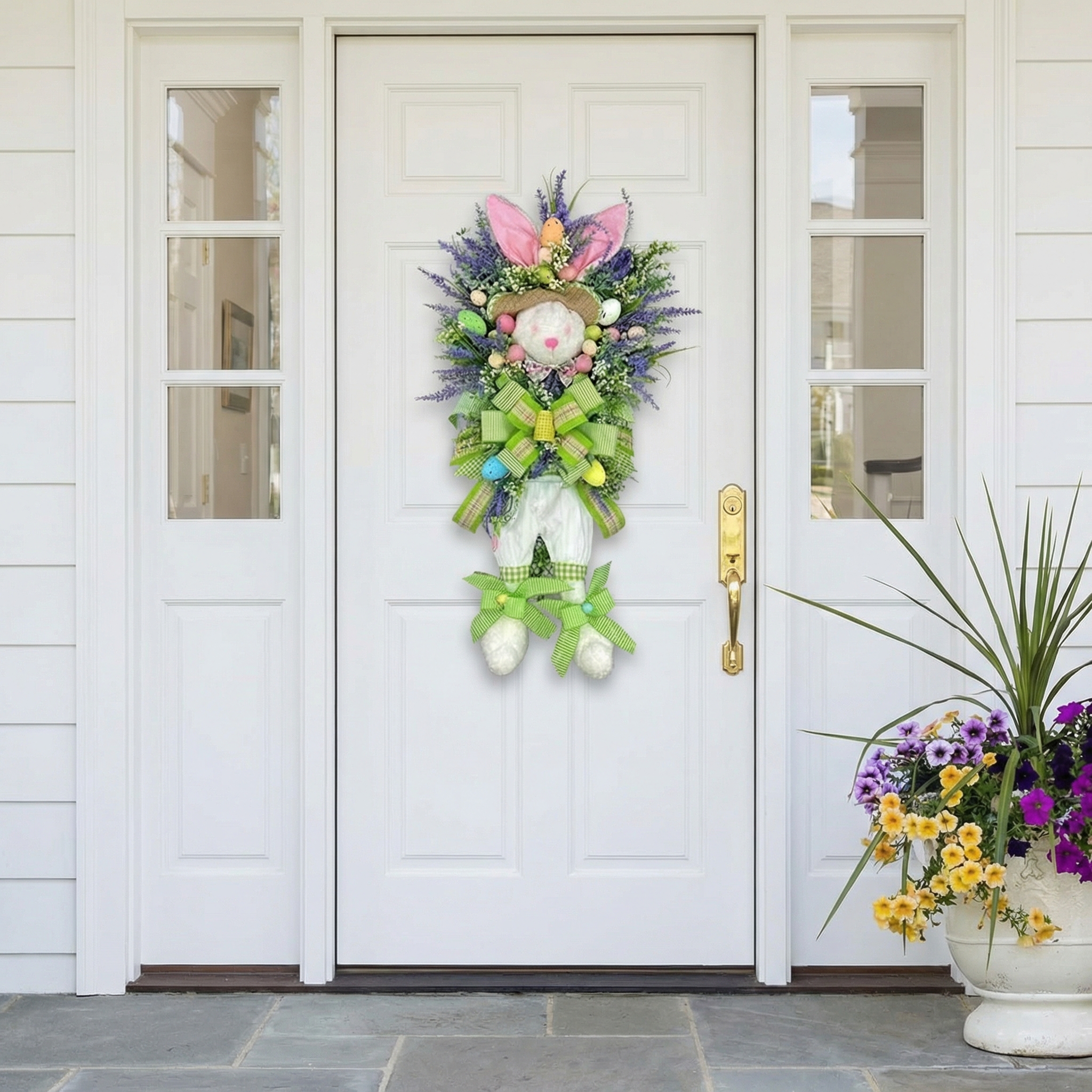 Spring Easter Bunny Wreath with Lavender and Colorful Eggs, Plush Rabbit Hanging Decoration for Door, Wall, or Entryway