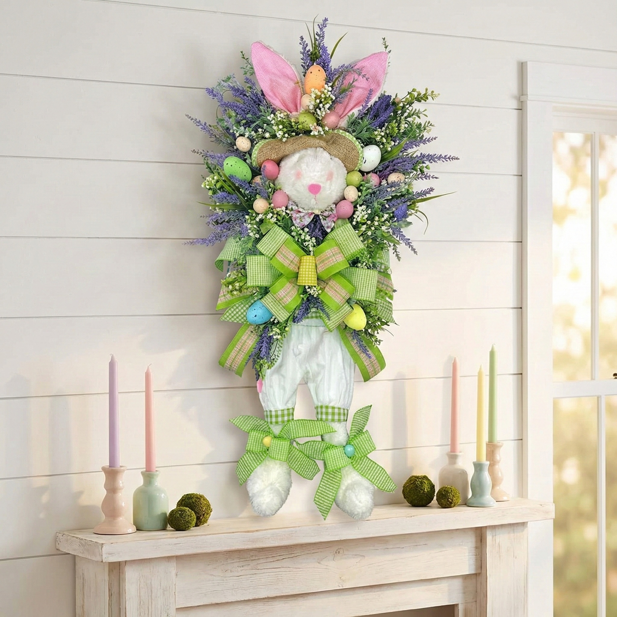 Spring Easter Bunny Wreath with Lavender and Colorful Eggs, Plush Rabbit Hanging Decoration for Door, Wall, or Entryway
