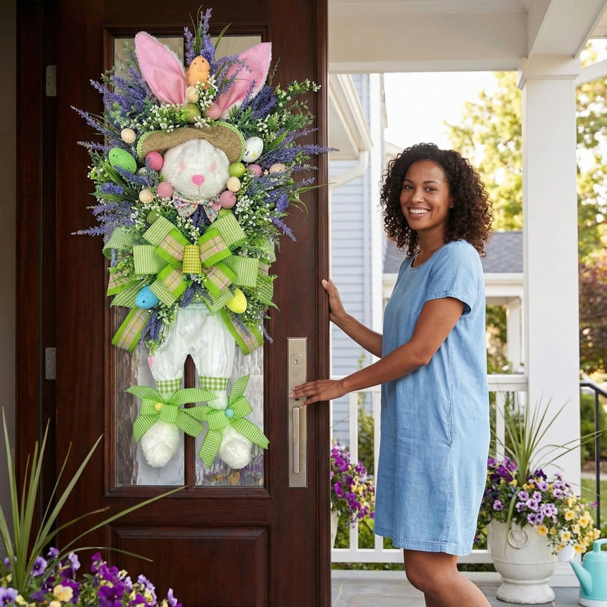 Spring Easter Bunny Wreath with Lavender and Colorful Eggs, Plush Rabbit Hanging Decoration for Door, Wall, or Entryway