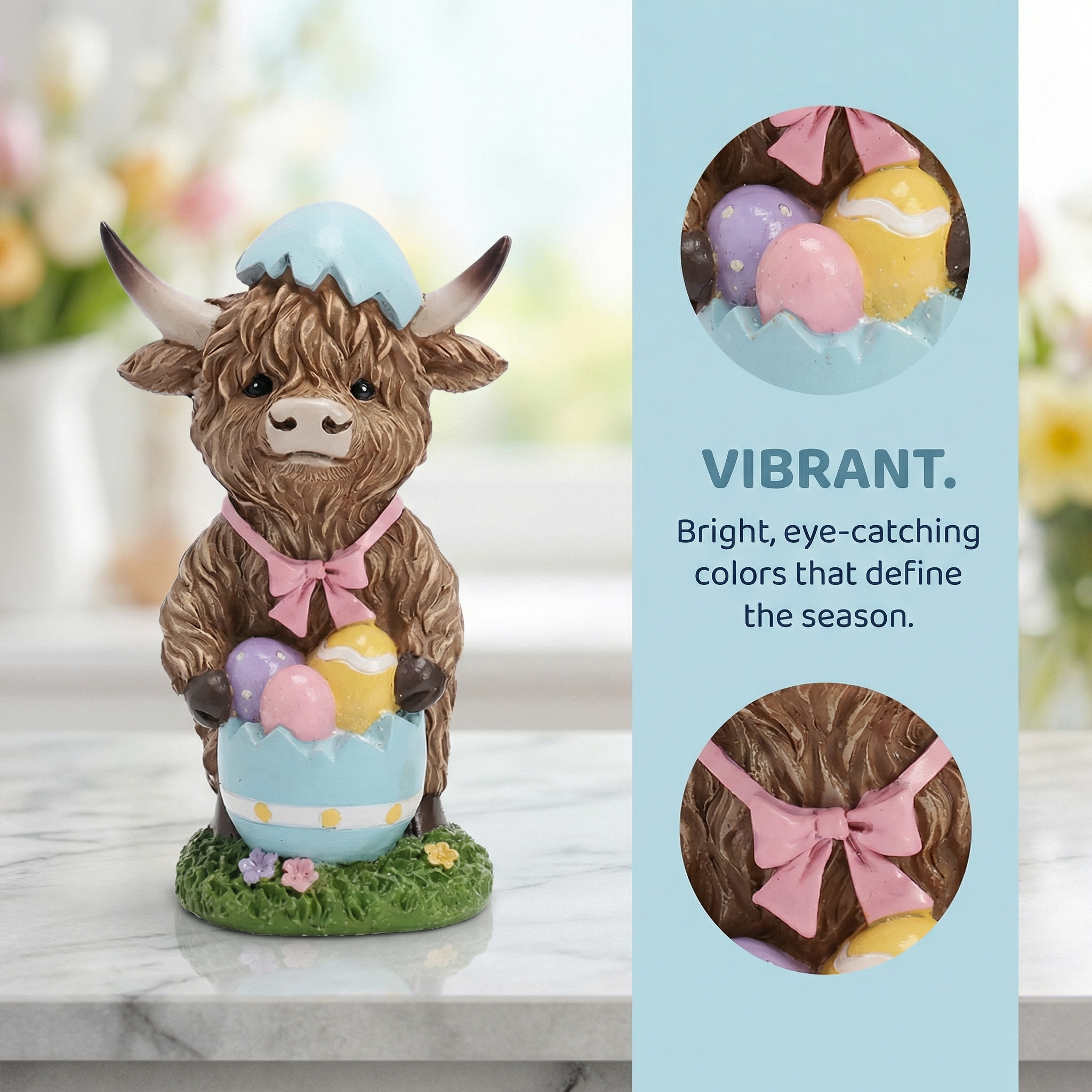 Easter Highland Cow Set with Bunny Ears on Base