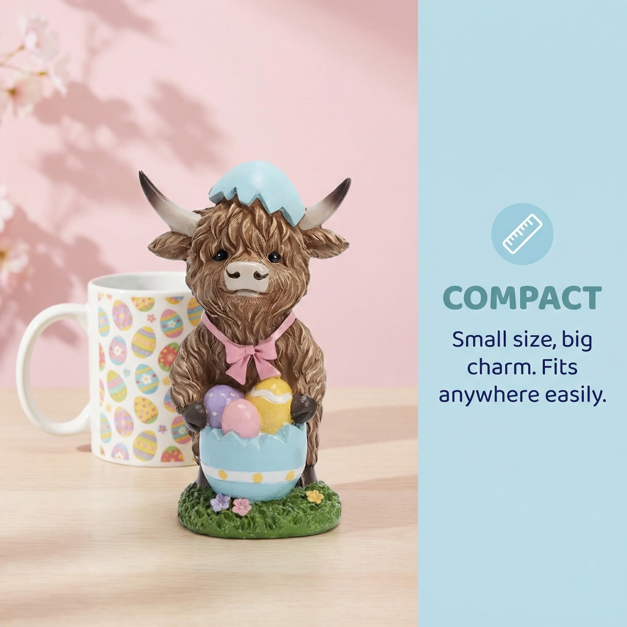 Easter Highland Cow Set with Bunny Ears on Base