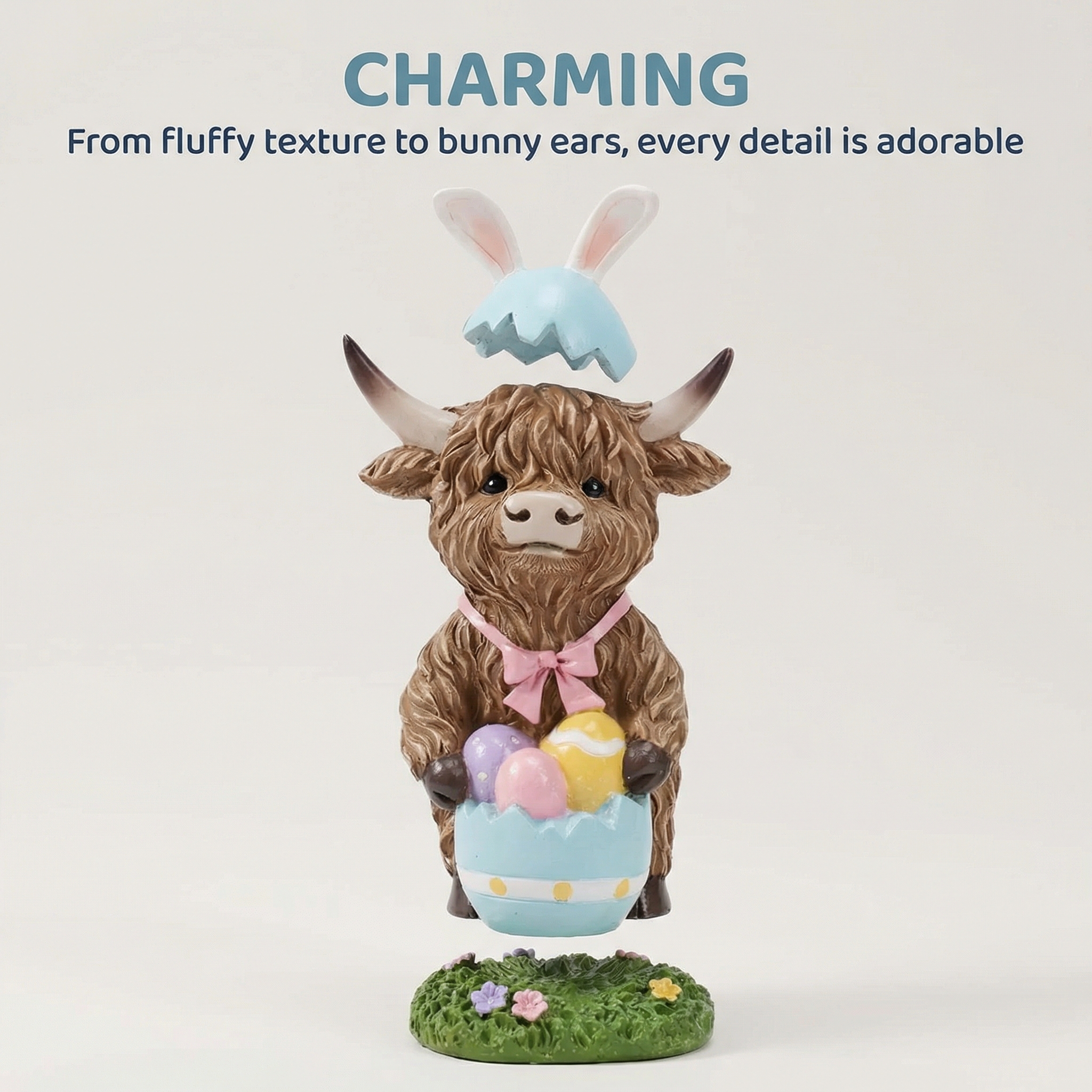 Easter Highland Cow Set with Bunny Ears on Base