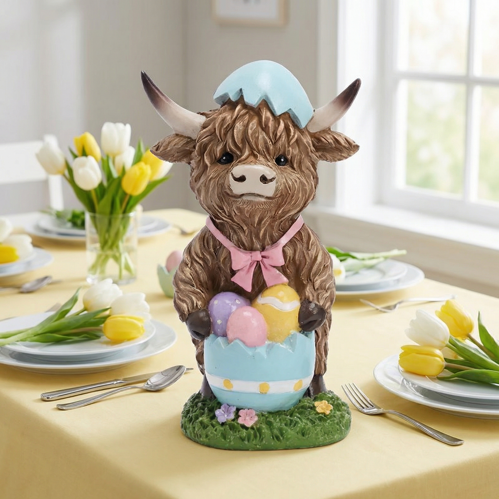 Easter Highland Cow Set with Bunny Ears on Base