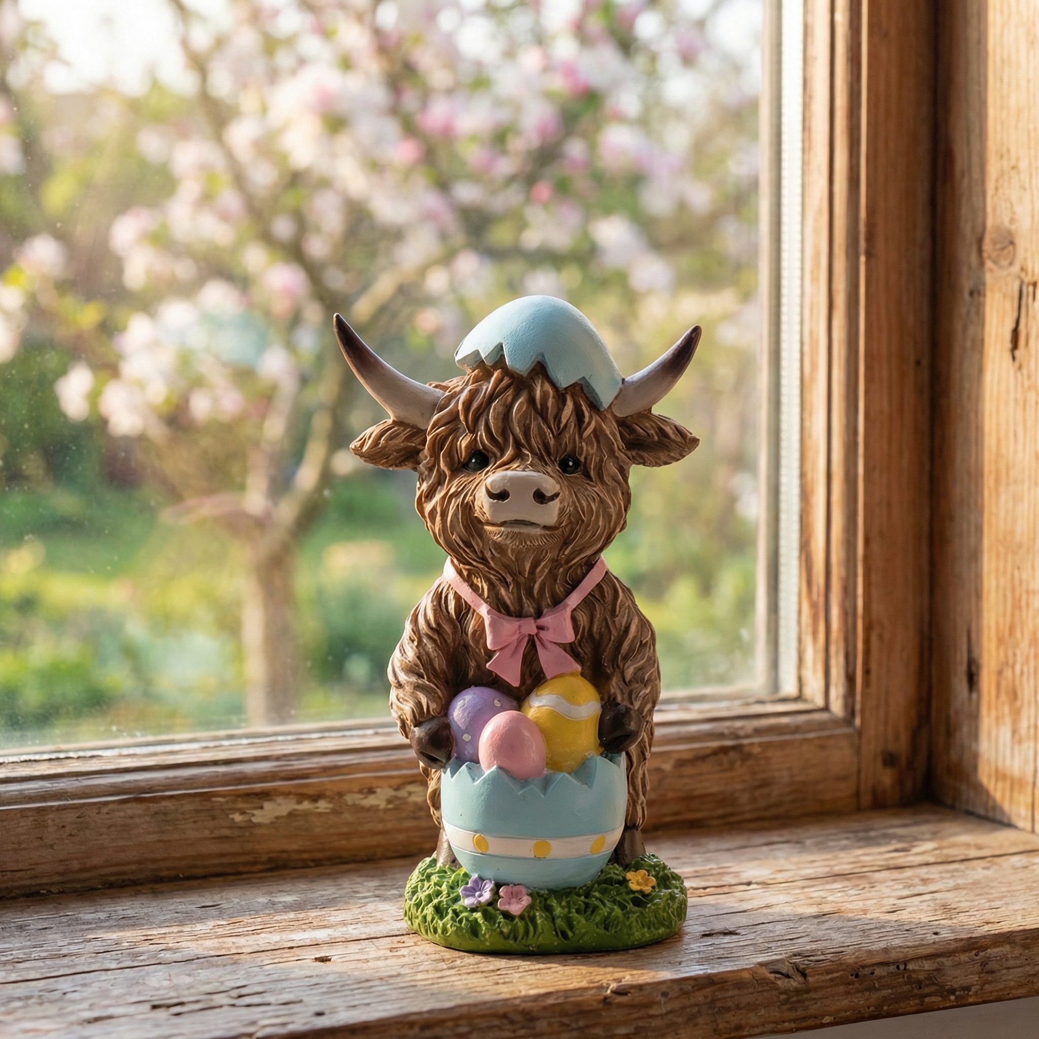 Easter Highland Cow Set with Bunny Ears on Base