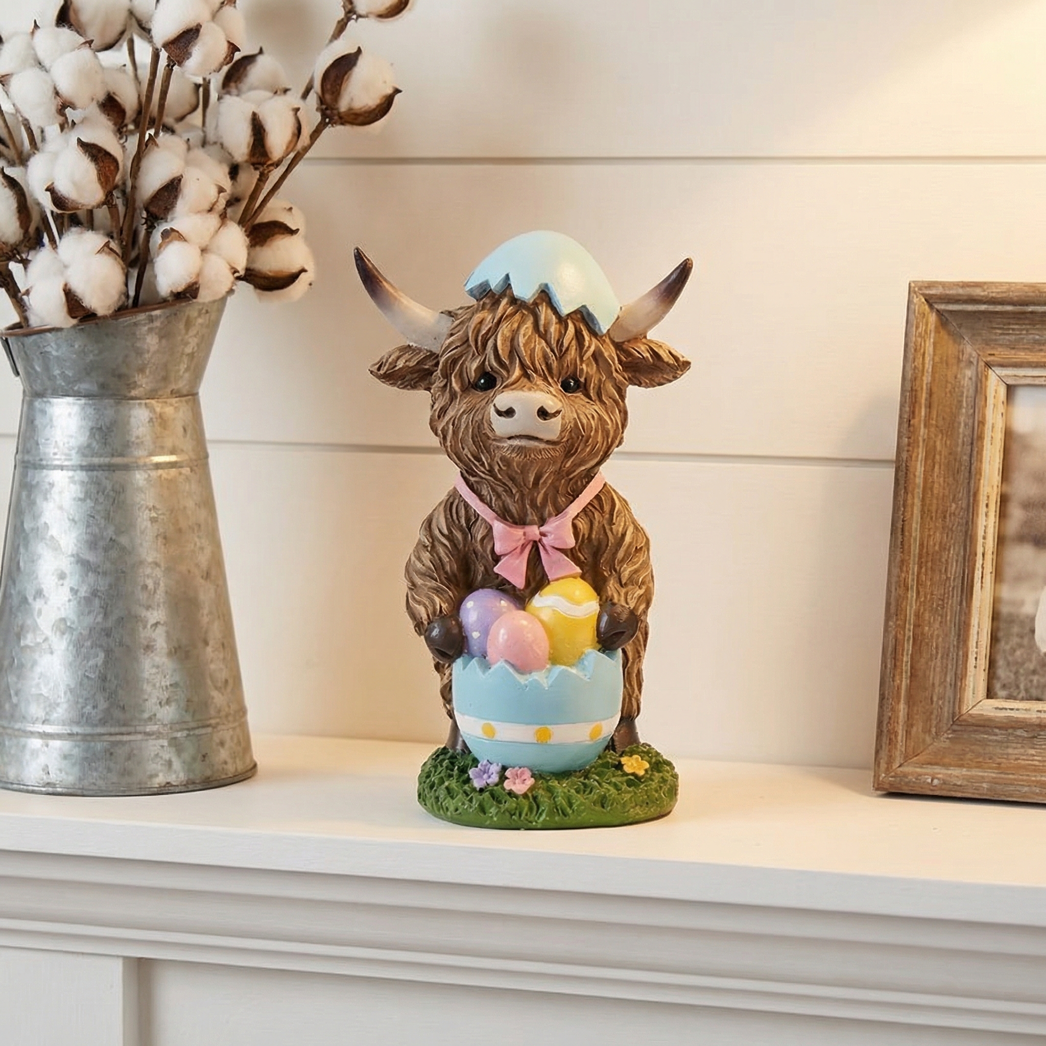 Easter Highland Cow Set with Bunny Ears on Base