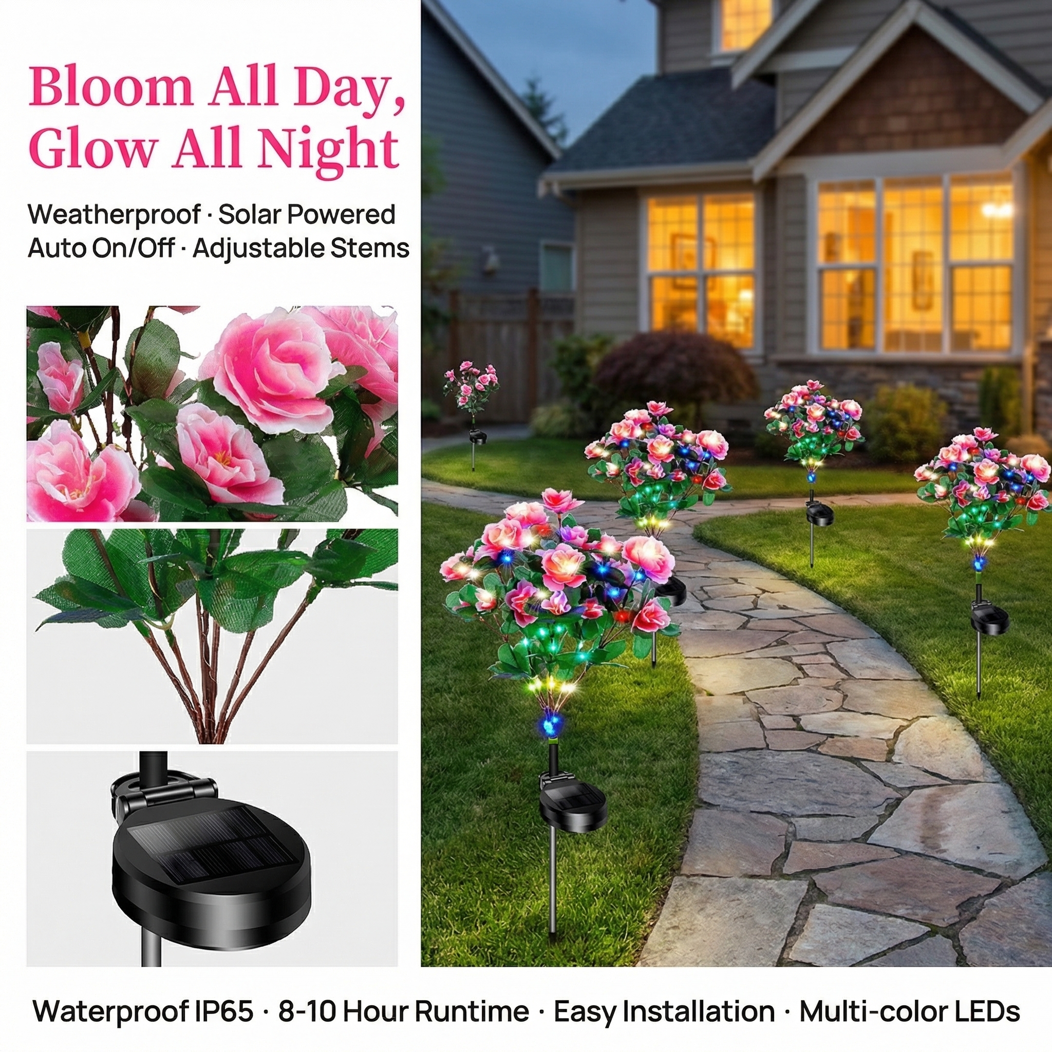 Solar Azalea Flower Garden Lights – Outdoor Waterproof LED Stake Lights, Lifelike Blooming Flowers
