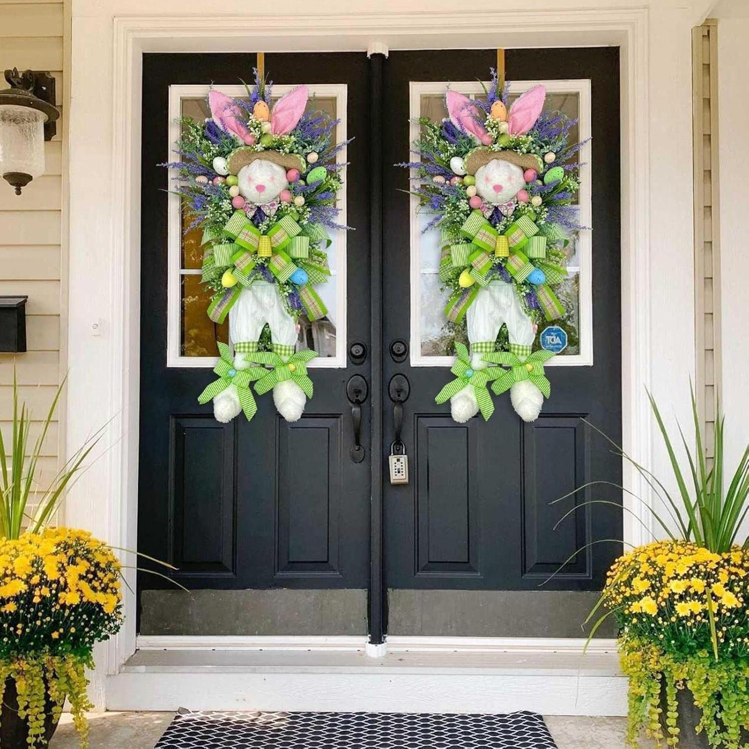 Spring Easter Bunny Wreath with Lavender and Colorful Eggs, Plush Rabbit Hanging Decoration for Door, Wall, or Entryway