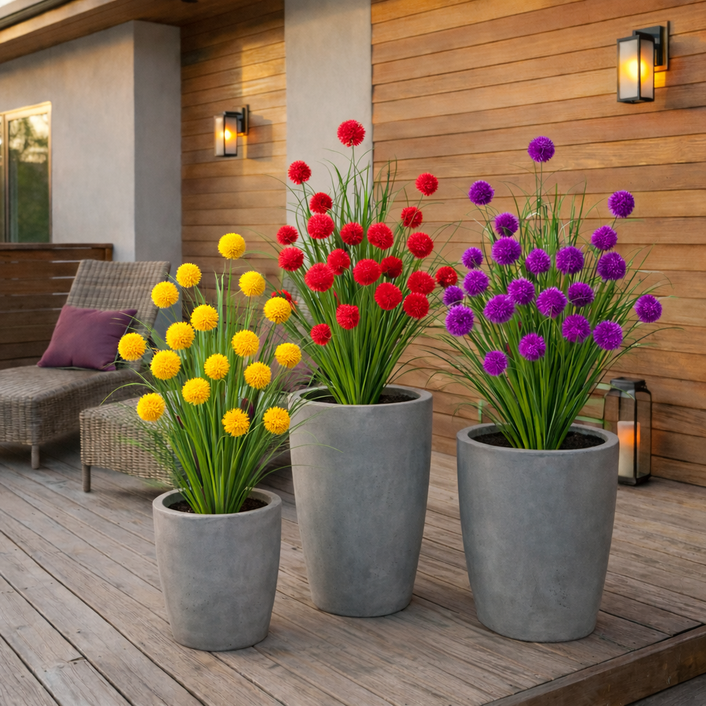 Artificial Purple Allium Grass Stem — Outdoor Decorative Spherical Faux Grass for Planters, Porches, Patios, and Garden Landscaping