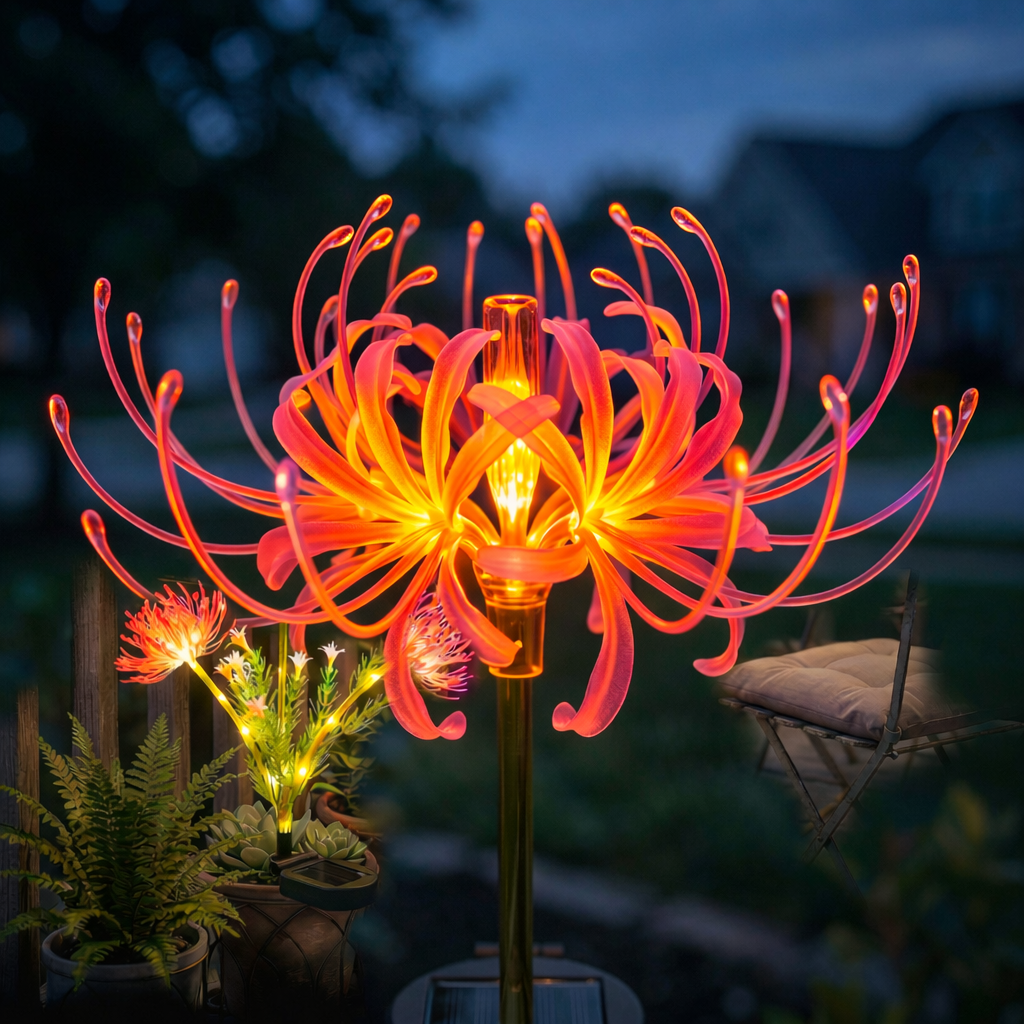 Solar-powered spider lily garden ground light – a warm and inviting outdoor garden decoration.