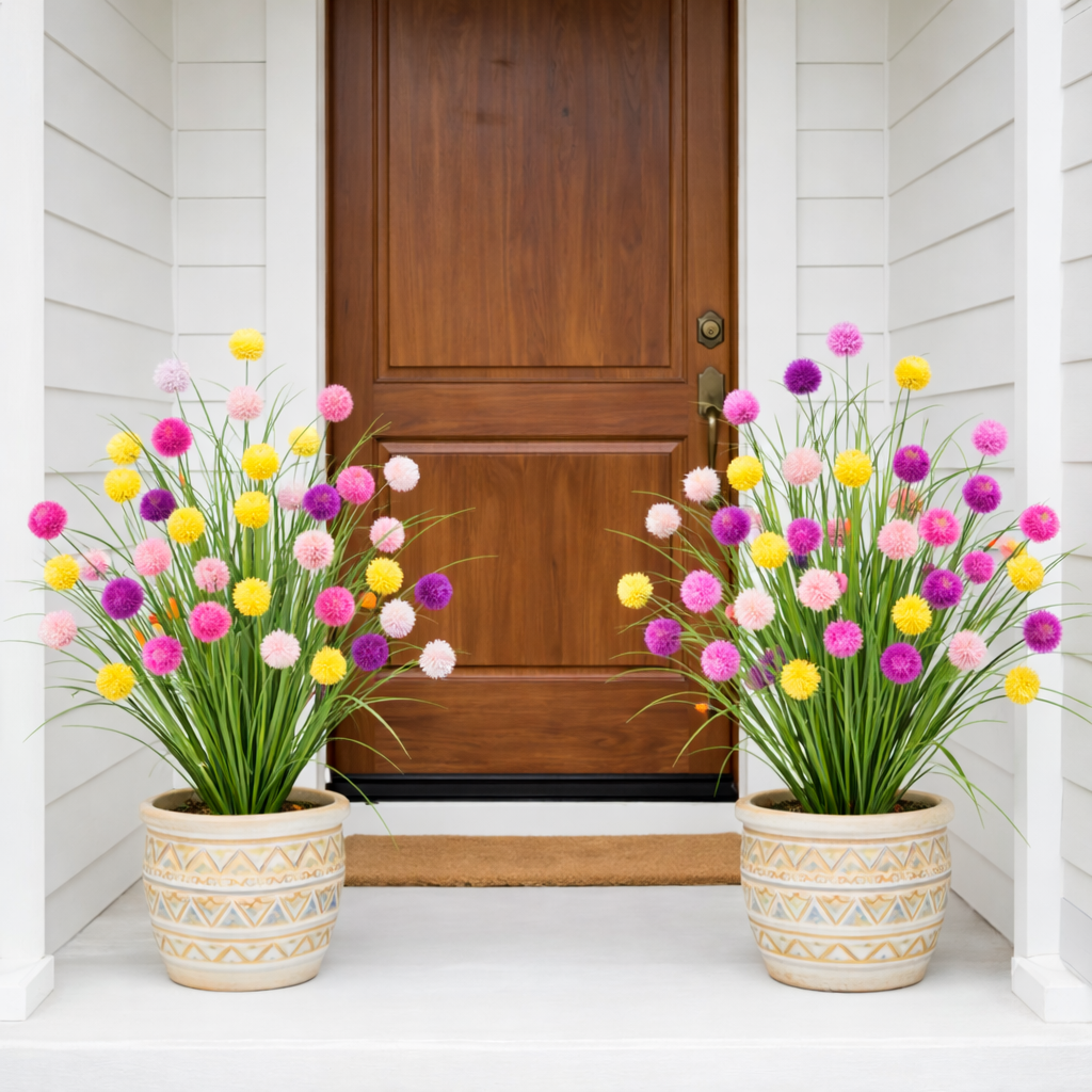 Artificial Purple Allium Grass Stem — Outdoor Decorative Spherical Faux Grass for Planters, Porches, Patios, and Garden Landscaping