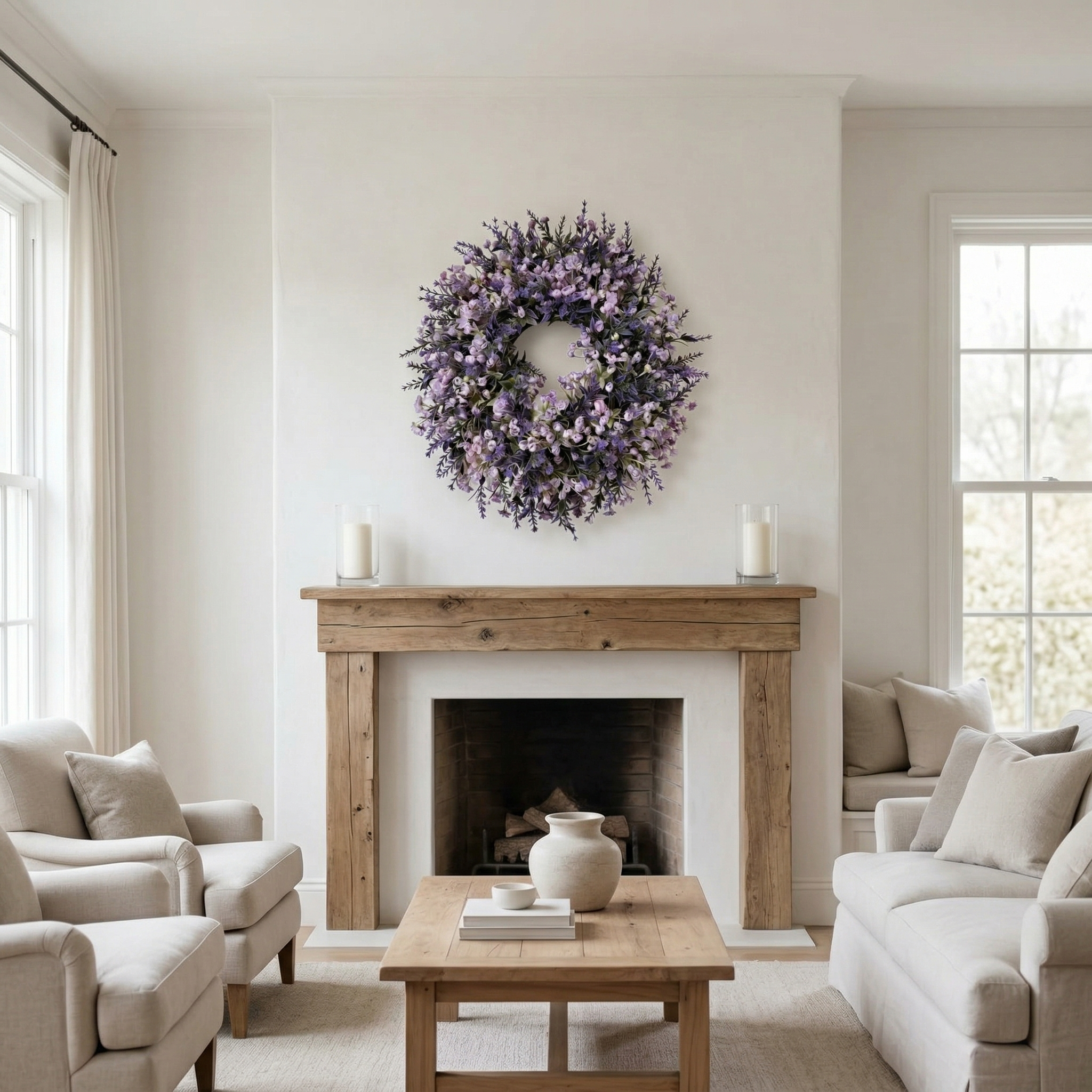 Lavender Artificial Wreath – 13.8" Realistic Floral Door Decor