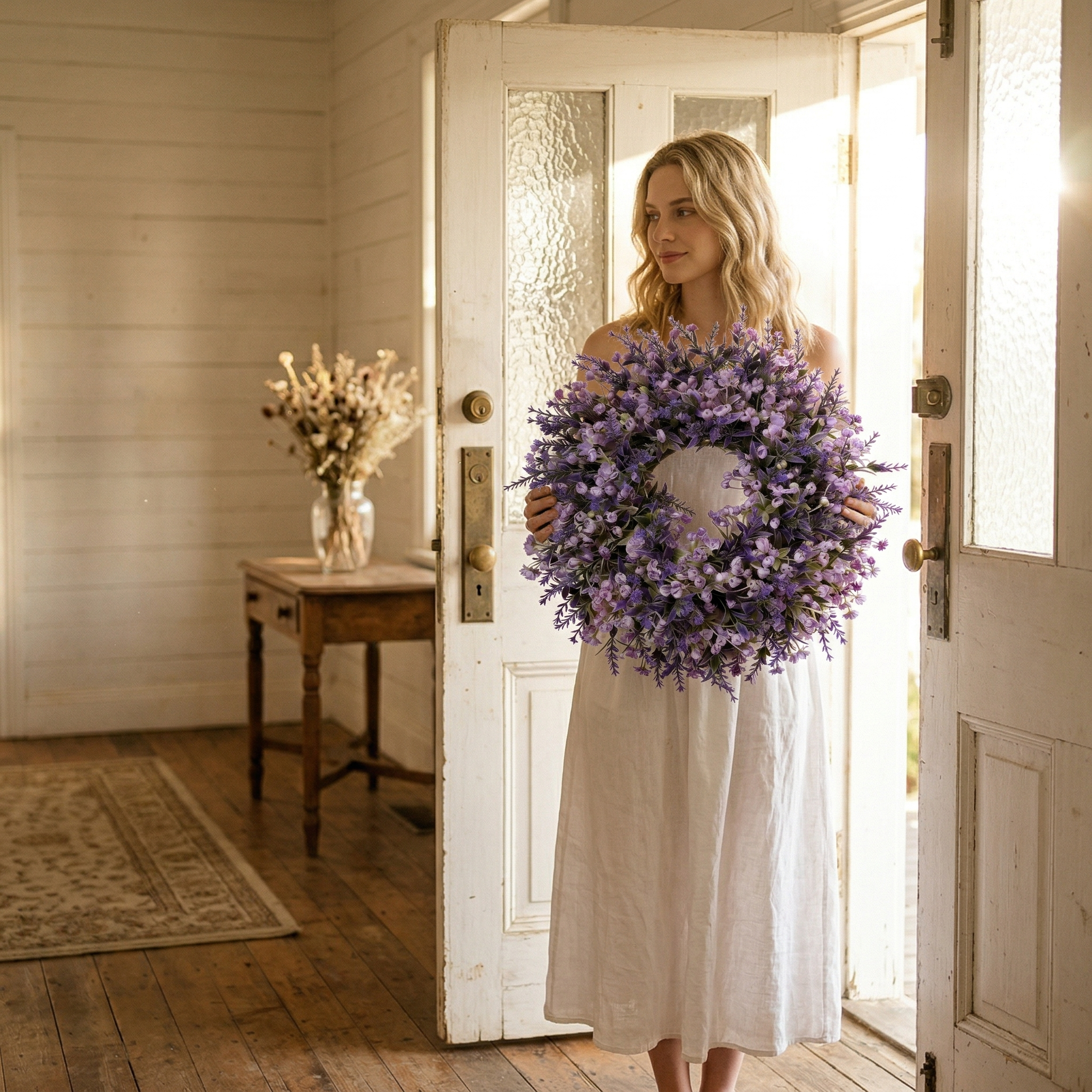 Lavender Artificial Wreath – 13.8" Realistic Floral Door Decor