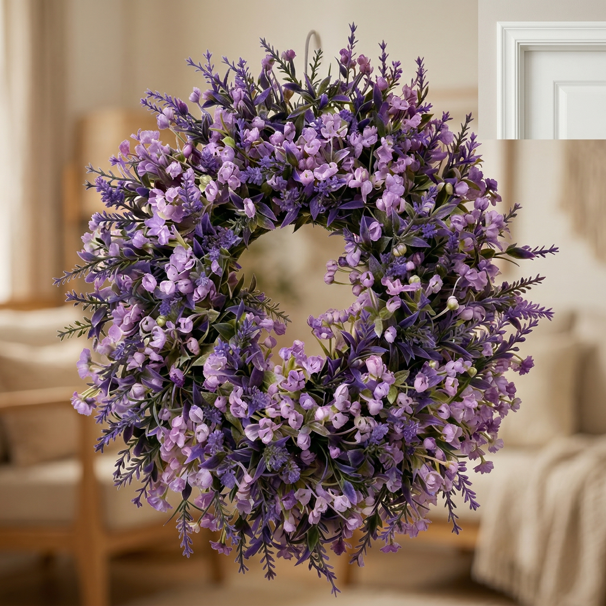Lavender Artificial Wreath – 13.8" Realistic Floral Door Decor