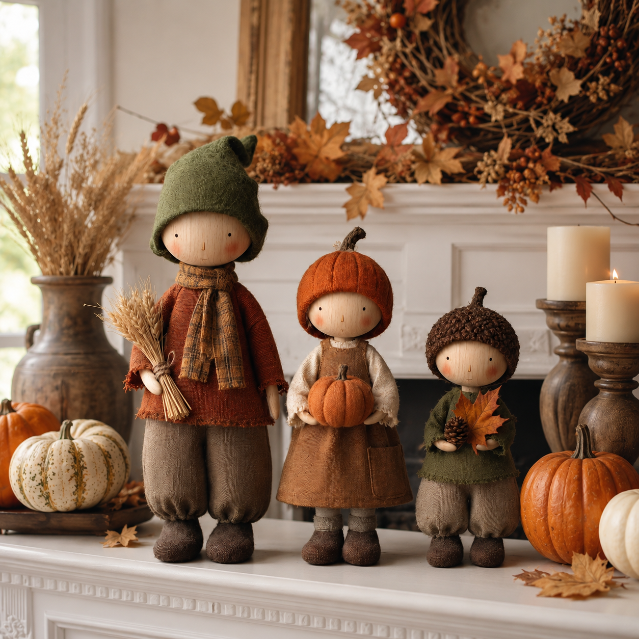 Set of 3 Rustic Fall Harvest Doll Figurines