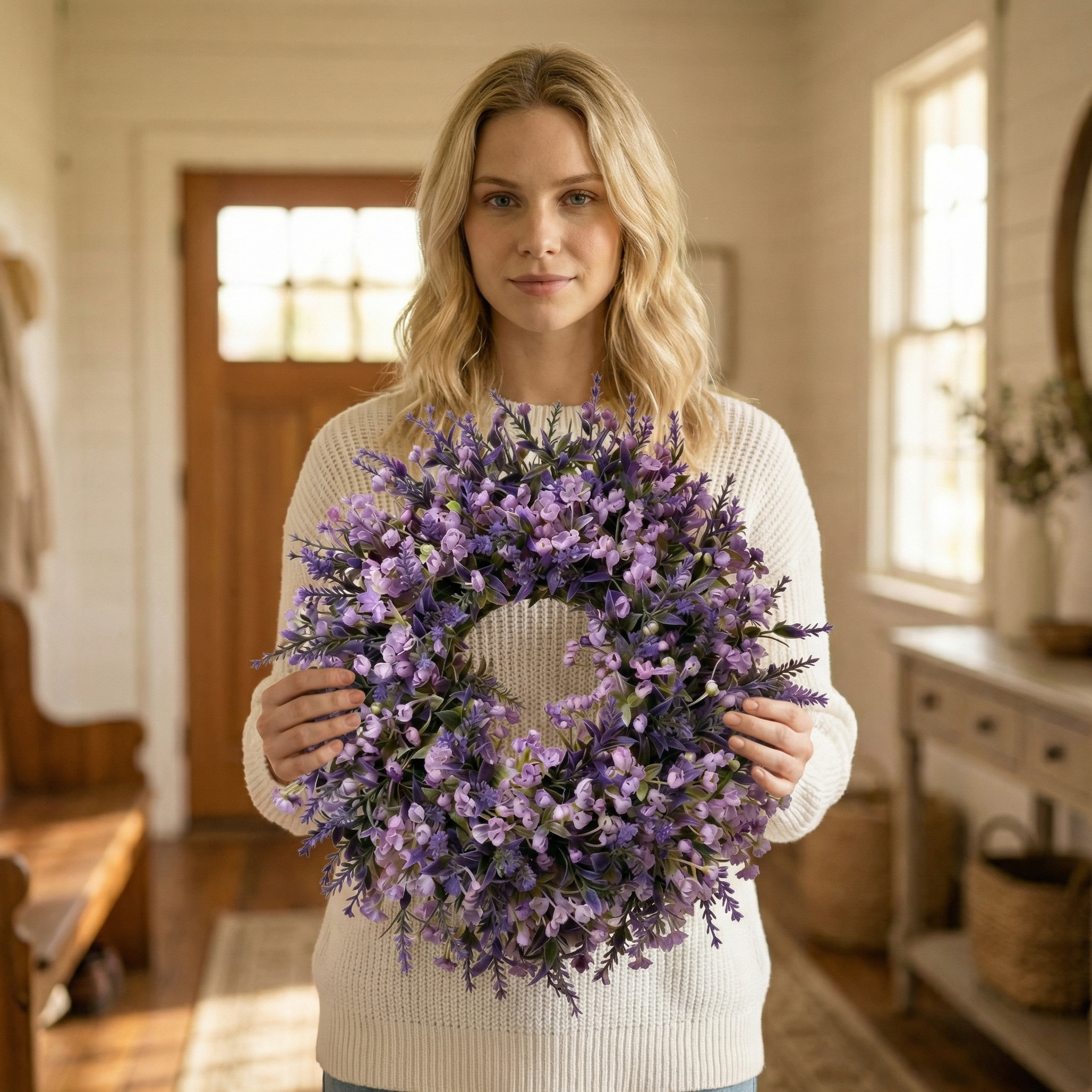 Lavender Artificial Wreath – 13.8" Realistic Floral Door Decor