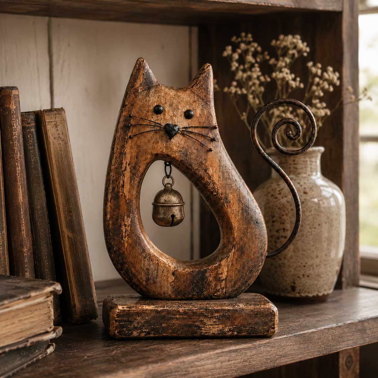 Rustic Cat Figurine with Vintage Bell