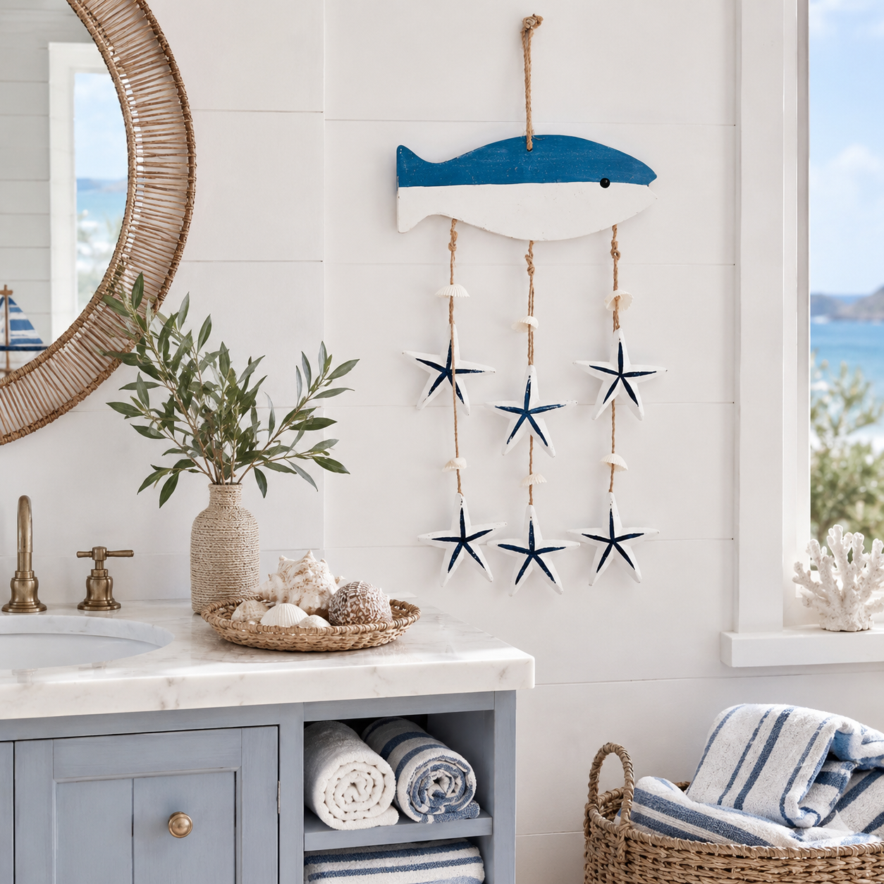 Coastal Wall Hanging Decor, Blue and White Nautical Hanging Ornament