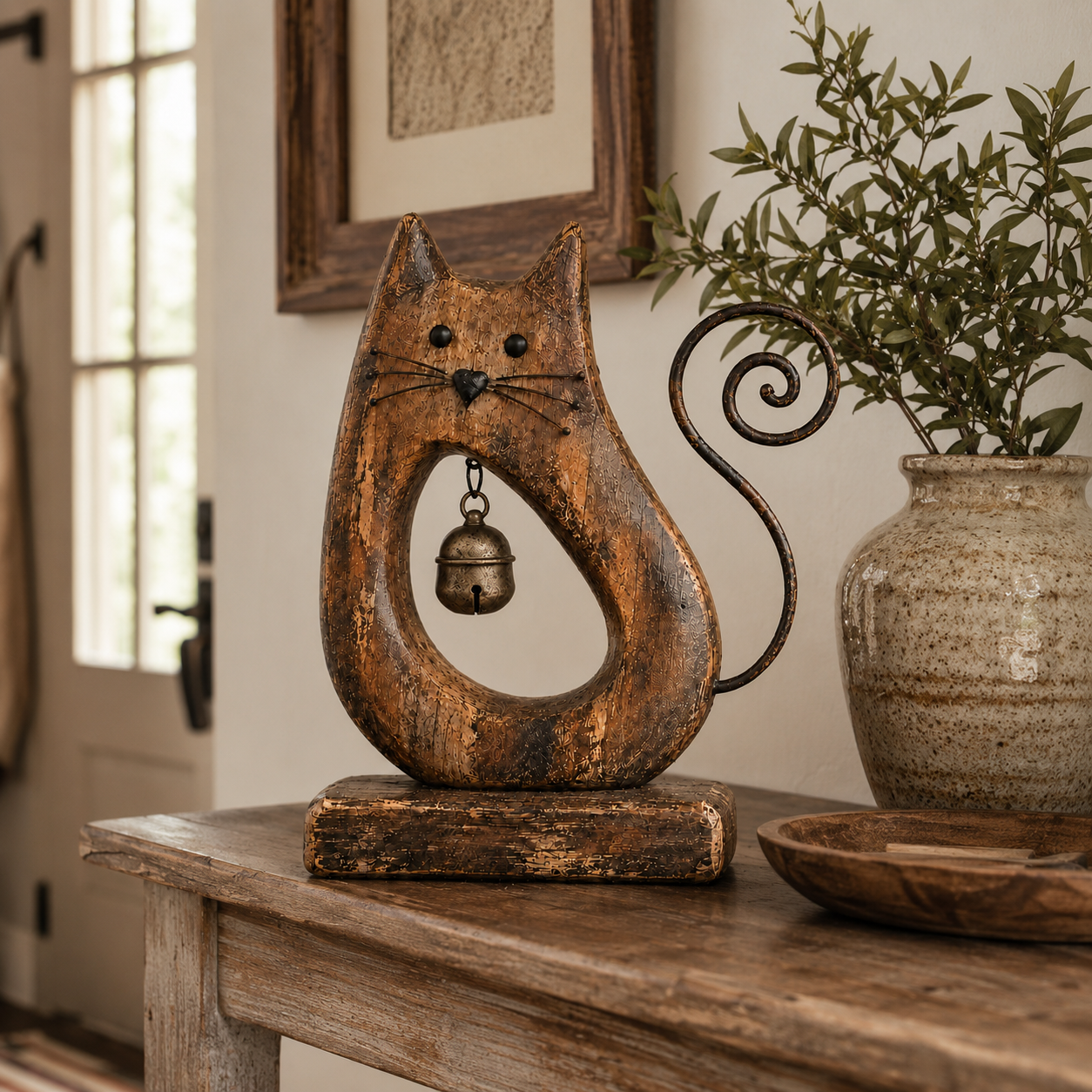 Rustic Cat Figurine with Vintage Bell