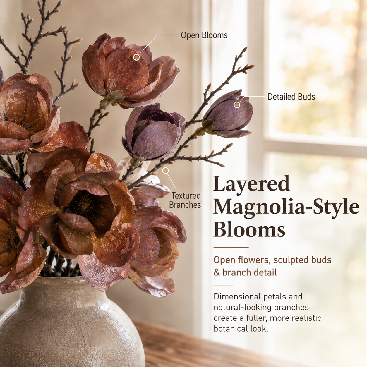 3 Pack Artificial Magnolia Flower Stems, 20 Inch Faux Fall Floral 