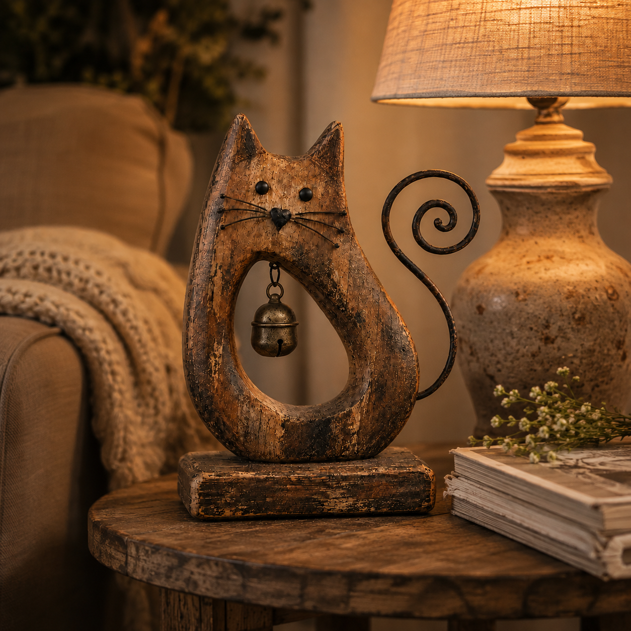 Rustic Cat Figurine with Vintage Bell