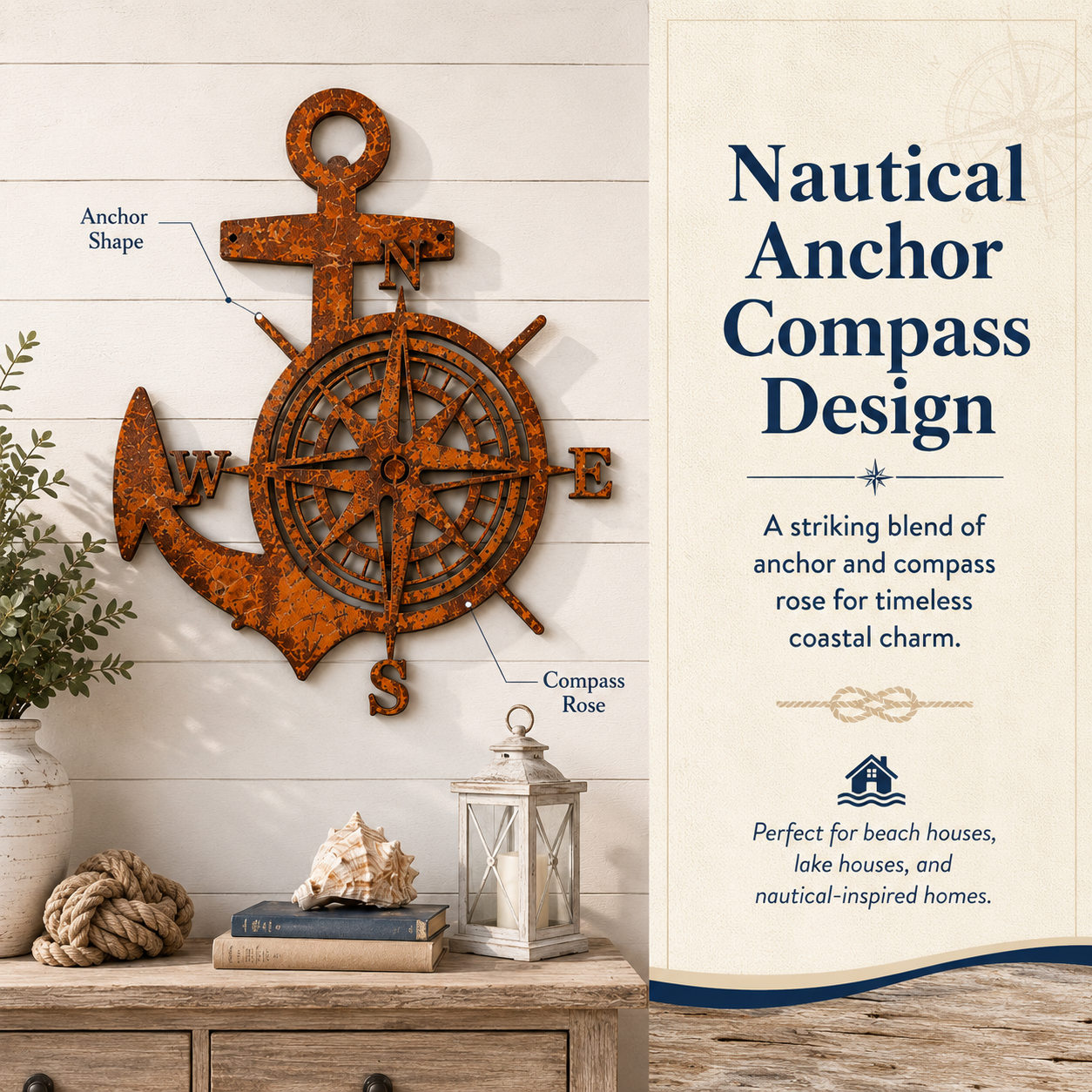 Anchor Compass Metal Wall Decor, Rustic Nautical Wall Art, Coastal Farmhouse Anchor Compass Sign for Porch