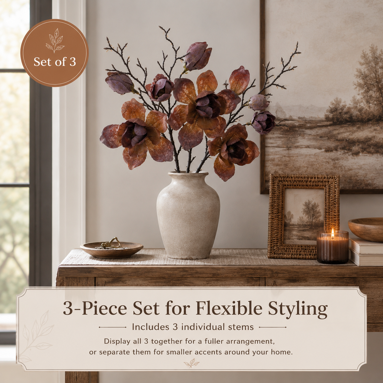 3 Pack Artificial Magnolia Flower Stems, 20 Inch Faux Fall Floral 