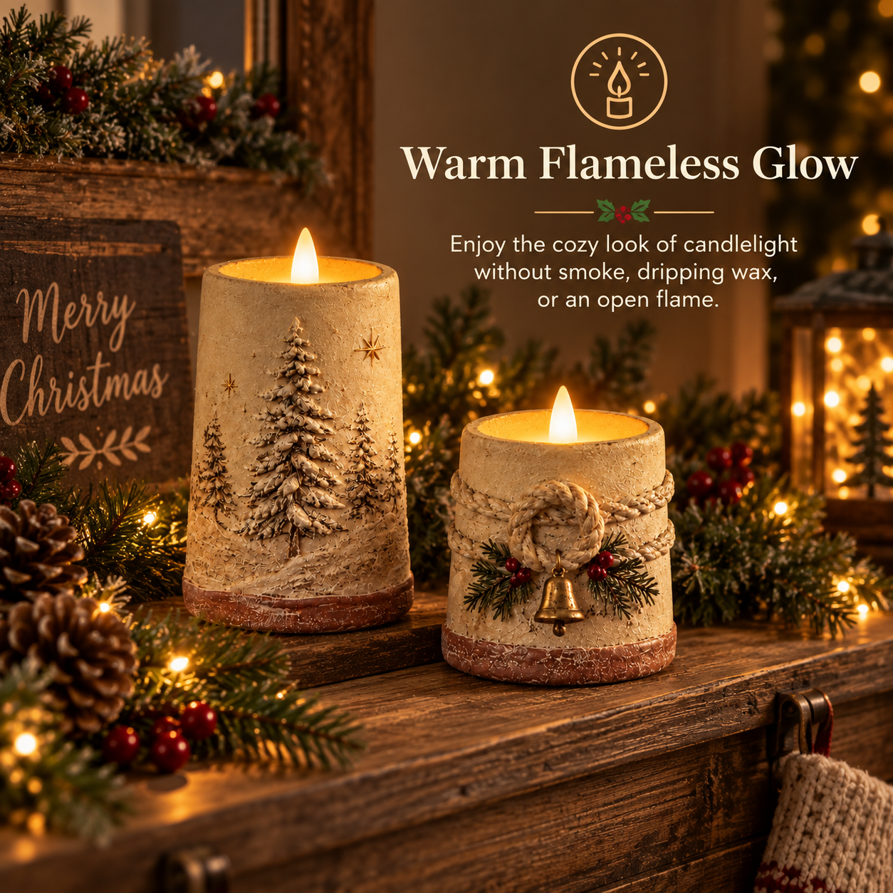 Rustic Christmas Flameless LED Candle Decor Set of 2 