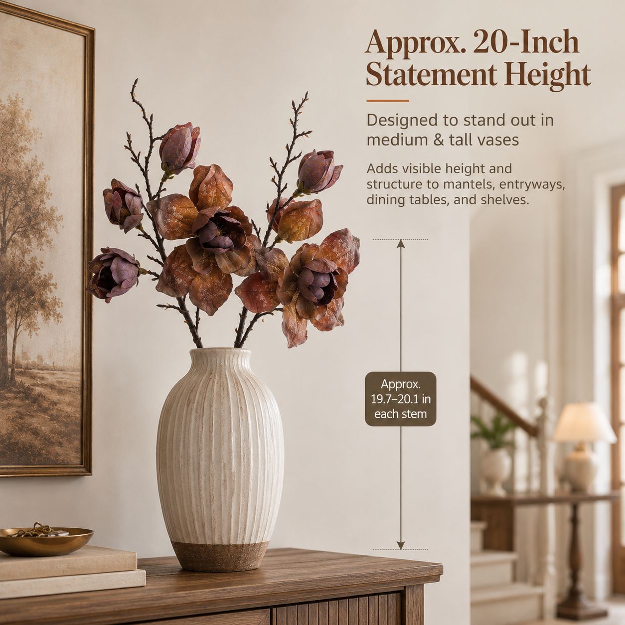 3 Pack Artificial Magnolia Flower Stems, 20 Inch Faux Fall Floral 